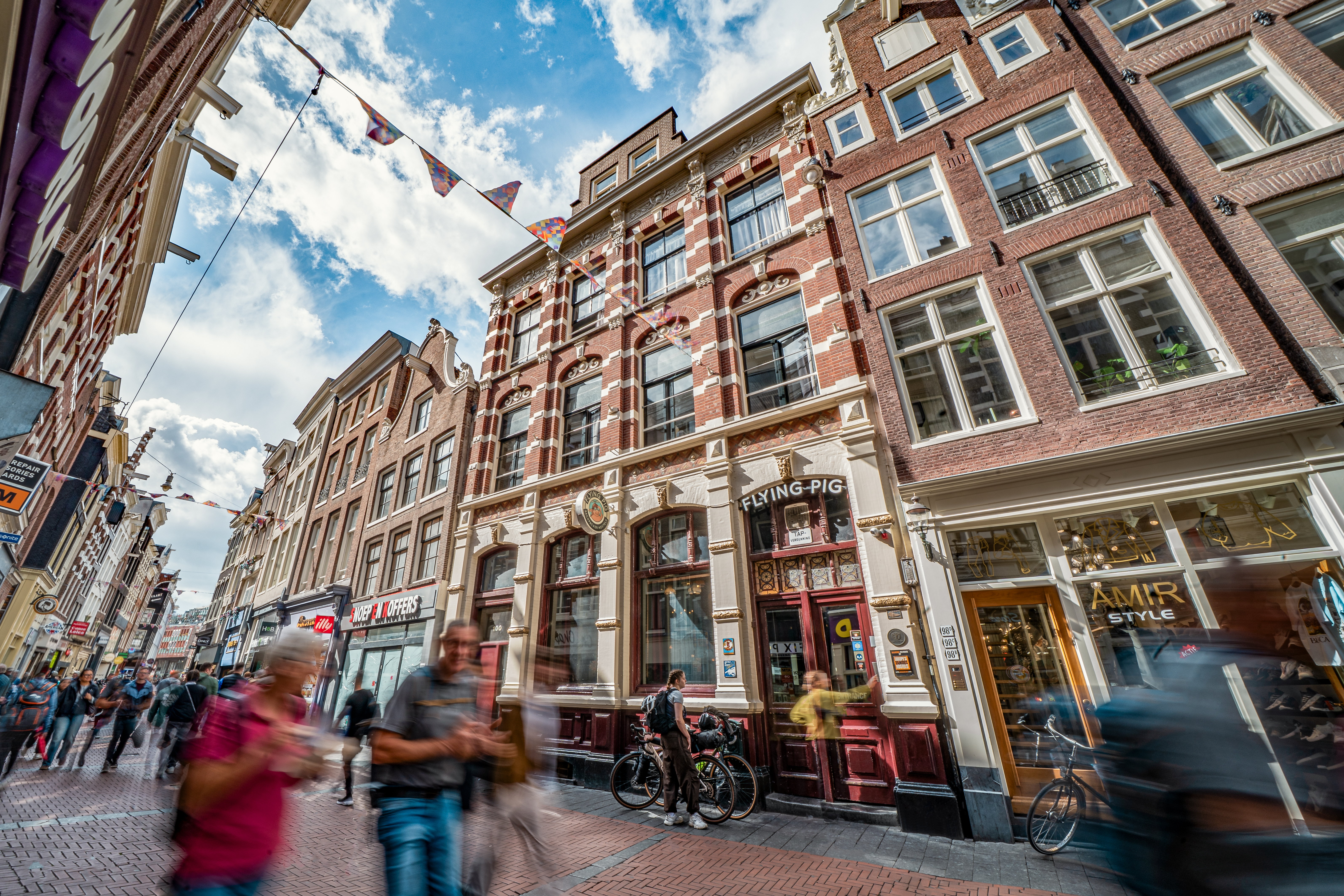 Exterior facade of Flying Pig Downtown hostel in the centre of Amsterdam