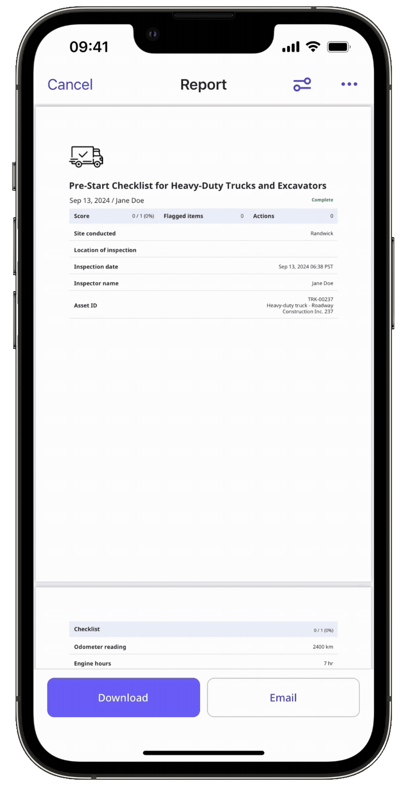 Explore the download option for sharing inspection report via the mobile app.