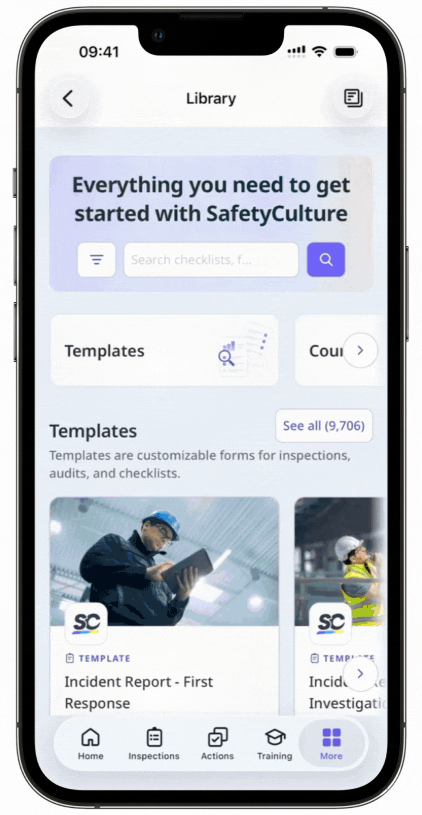 Parcourir les modèles et les cours dans la Bibliothèque SafetyCulture à partir de l'application portable.