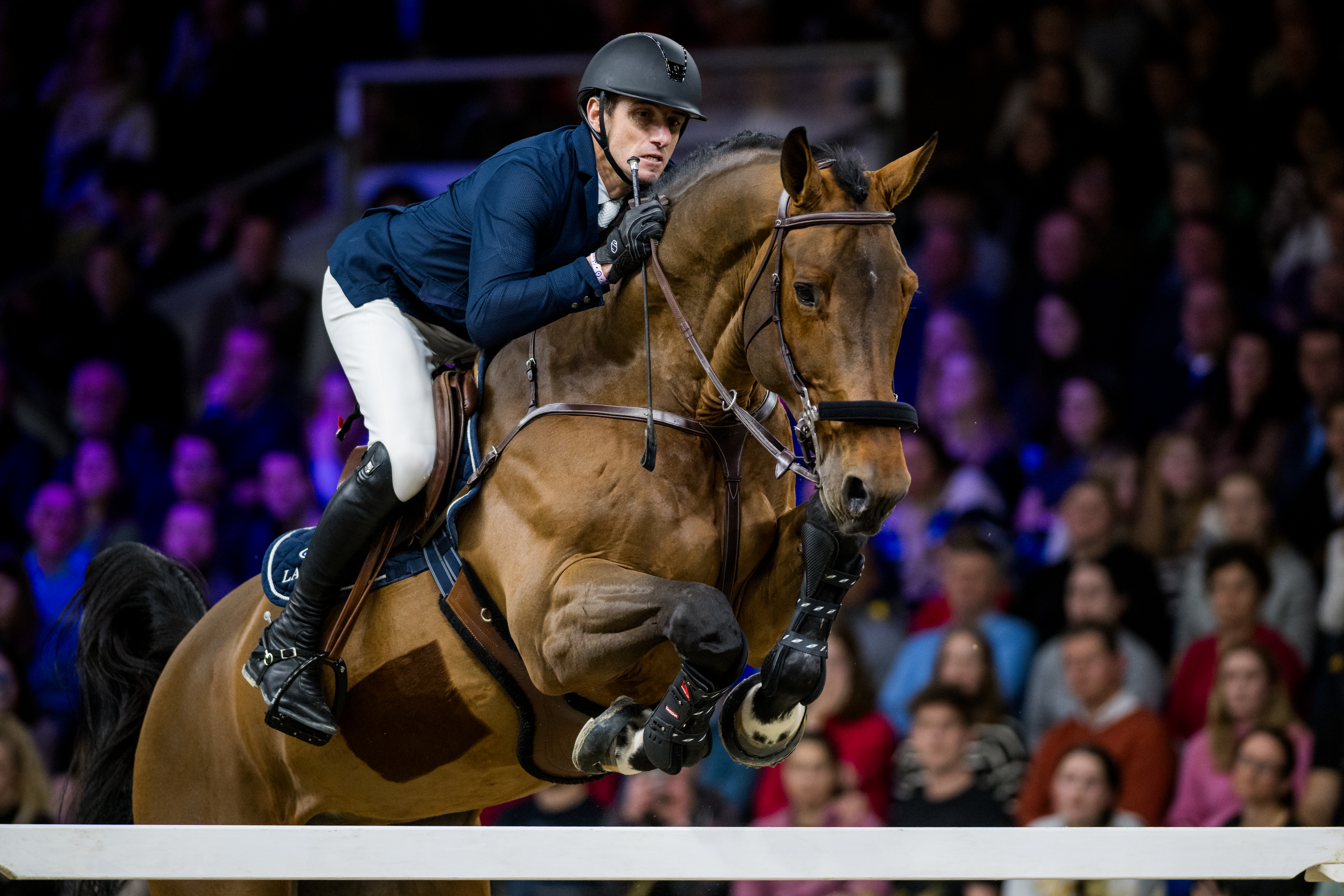 Belgian rider Gregory Wathelet with Bond Jamesbond de Hay pictured in action during the FEI World Cup Jumping competition at the 'Vlaanderens Kerstjumping - Memorial Eric Wauters' equestrian event in Mechelen on Saturday 30 December 2023. BELGA PHOTO JASPER JACOBS