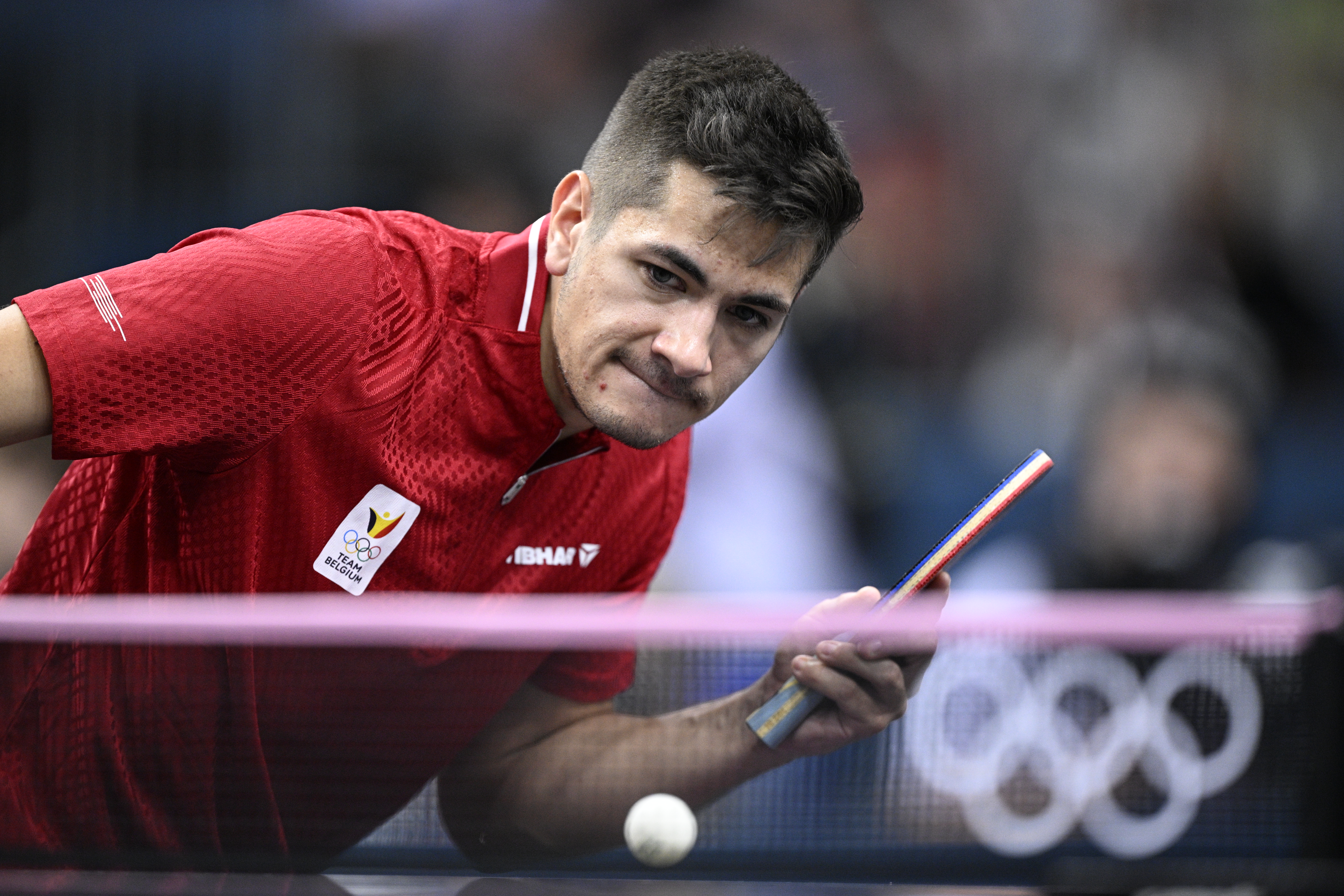 Belgian Martin Allegro pictured in action during a table tennis match against Japanese Harimoto, in the round of 64 of the men's singles tournament at the Paris 2024 Olympic Games, on Monday 29 July 2024 in Paris, France. The Games of the XXXIII Olympiad are taking place in Paris from 26 July to 11 August. The Belgian delegation counts 165 athletes competing in 21 sports. BELGA PHOTO JASPER JACOBS