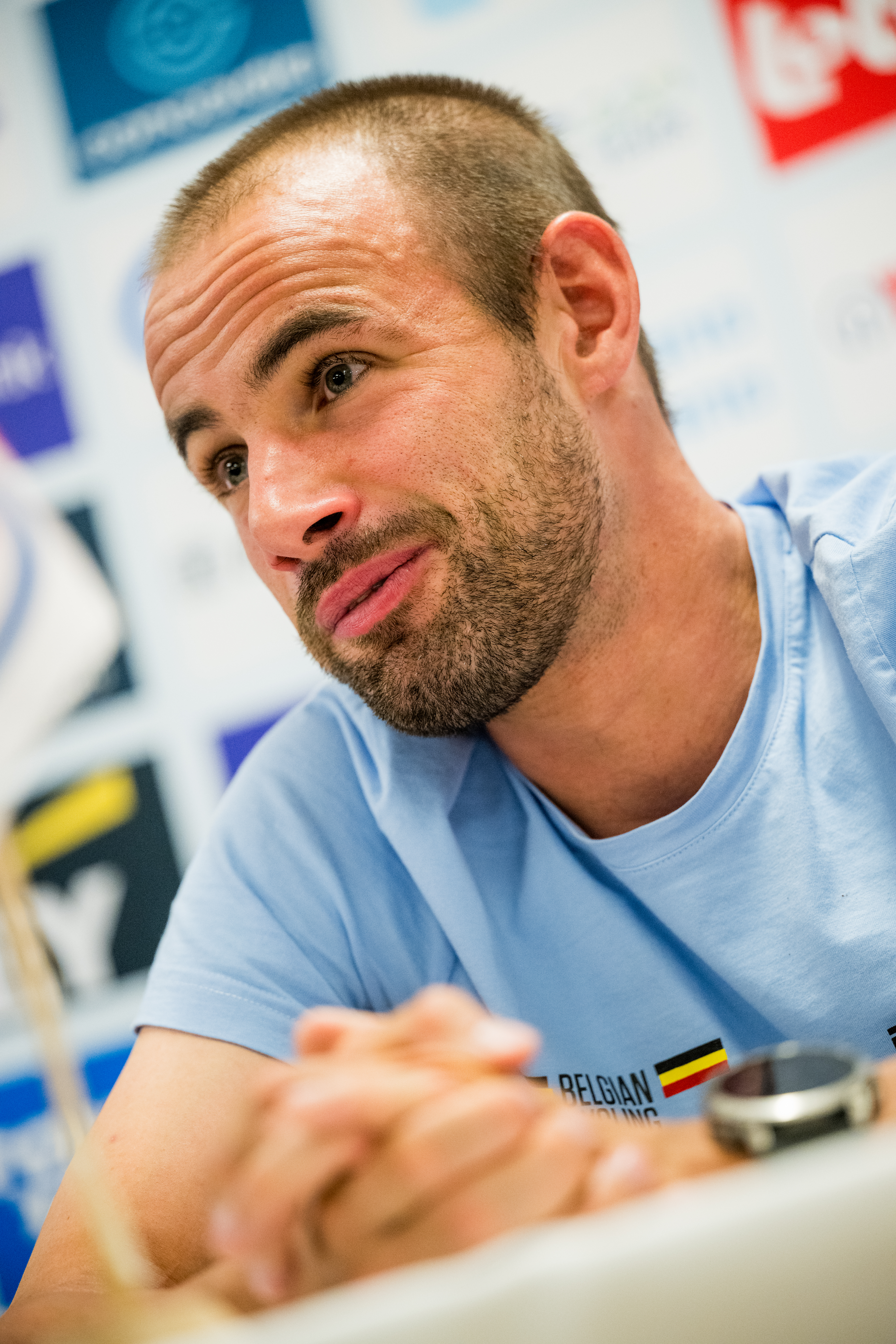 Belgian Victor Campenaerts talks at a press conference of the Belgian team ahead of Sunday's time trial race at the 2024 UCI Road and Para-Cycling Road World Championships, Friday 20 September 2024, in Wetzikon, Switzerland. The Worlds are taking place from 21 to 29 September in Zurich, Switzerland. BELGA PHOTO JASPER JACOBS