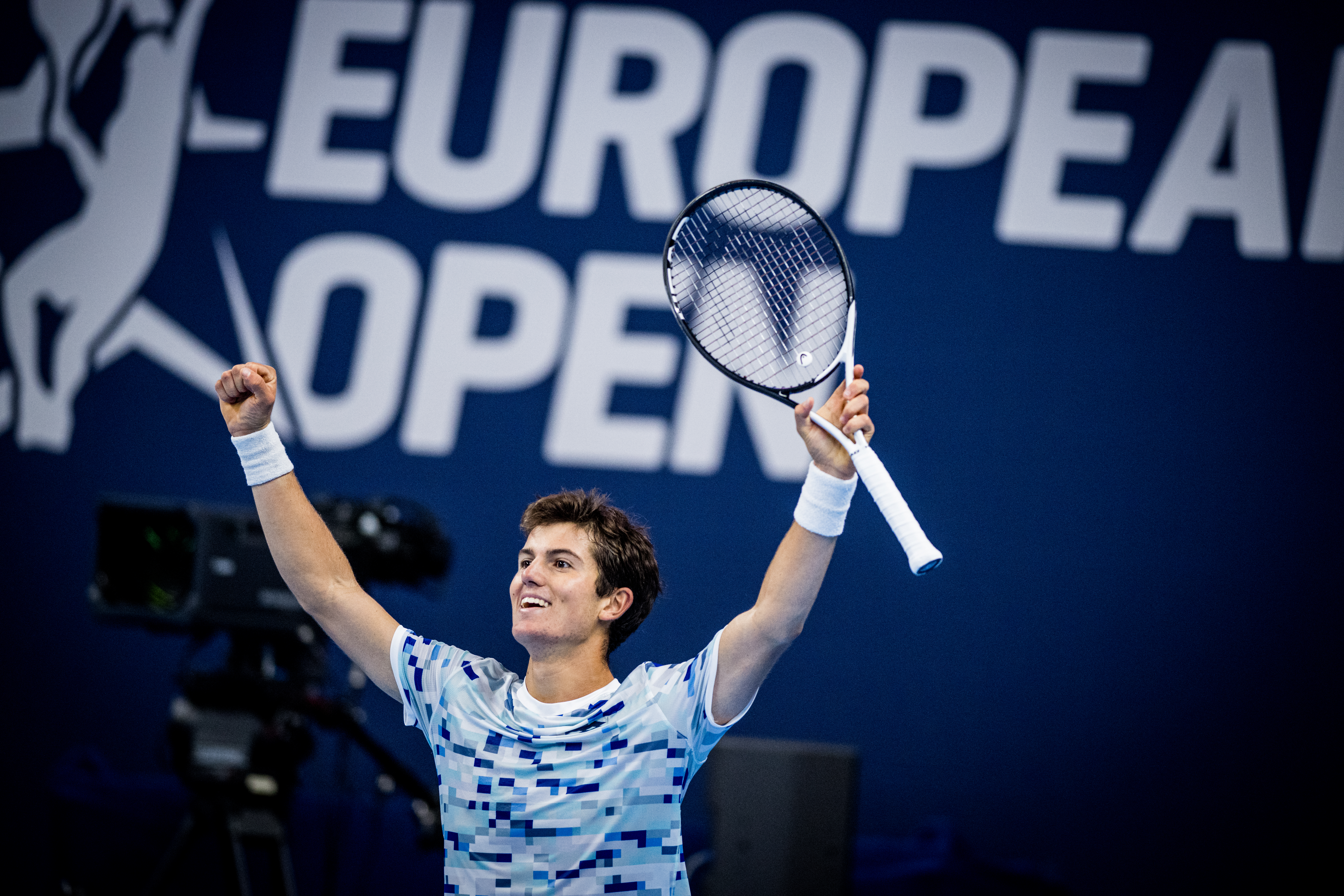 Belgian Gilles-Arnaud Bailly celebrate after winning a tennis match in the qualification phase for the ATP European Open Tennis tournament in Antwerp, Monday 14 October 2024. BELGA PHOTO JASPER JACOBS