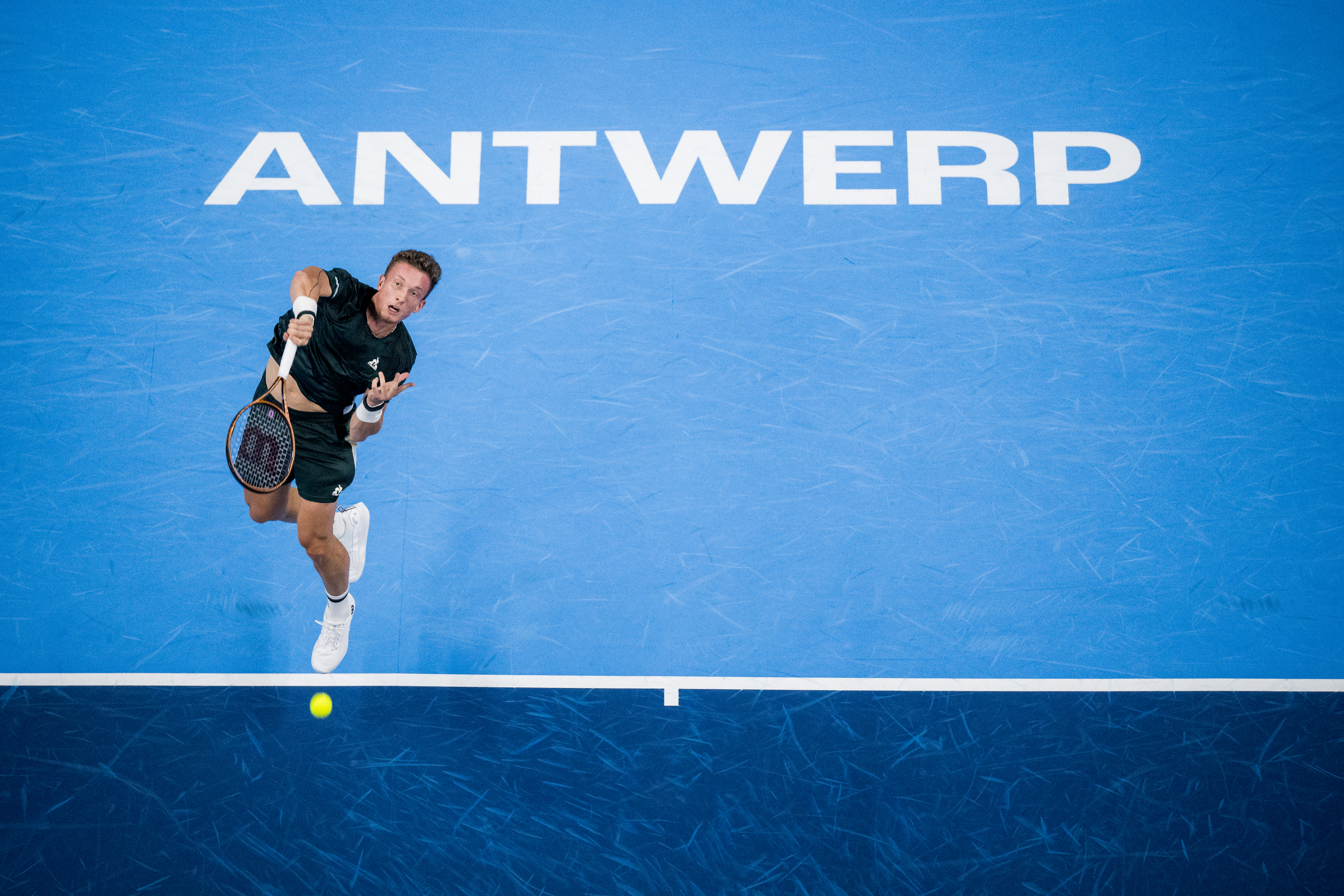 Jiri Lehecka pictured in action during a tennis match in the quarter finals of the singles competition at the ATP European Open Tennis tournament in Antwerp, Friday 18 October 2024. BELGA PHOTO JASPER JACOBS