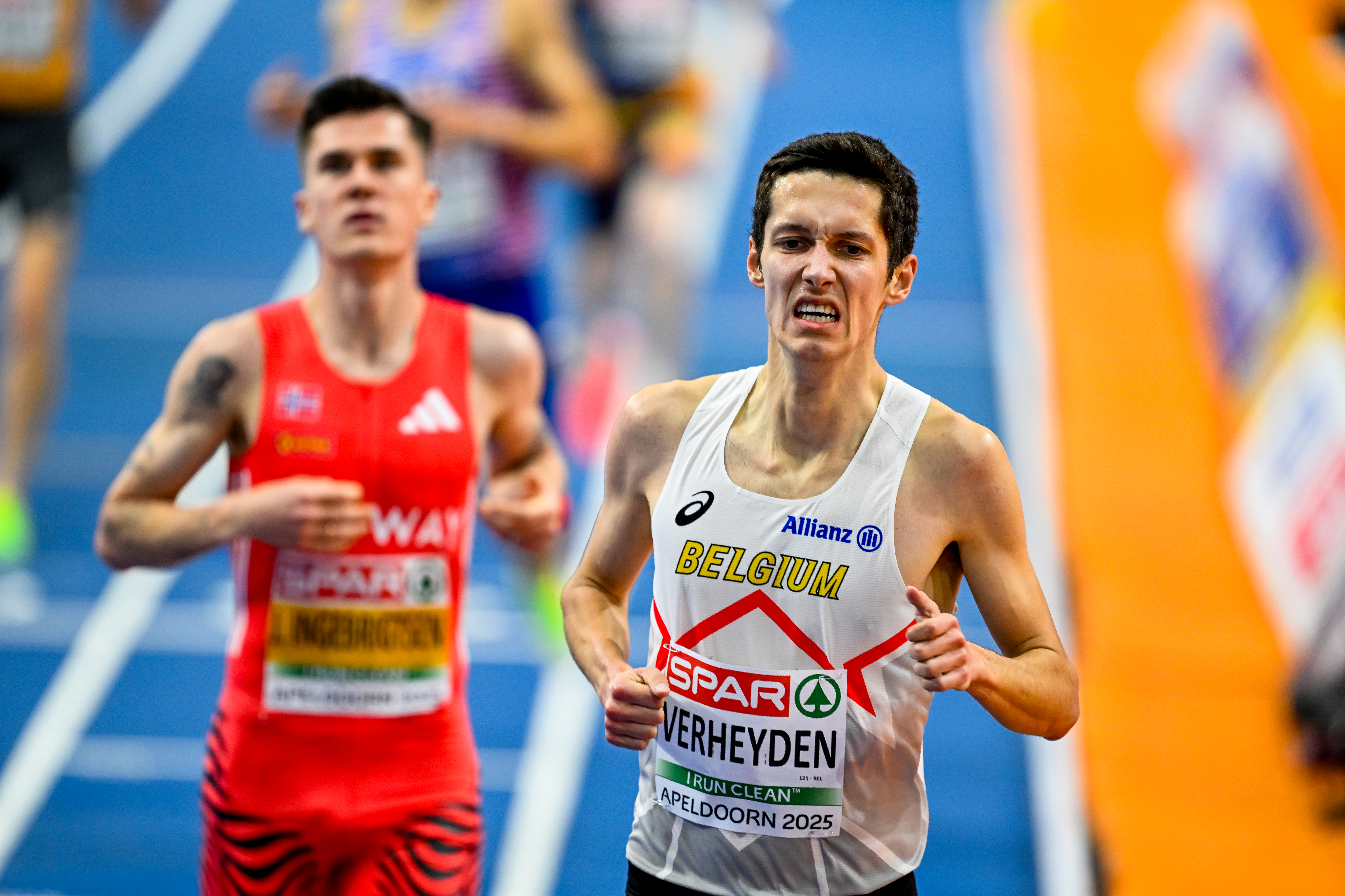 Belgian Ruben Verheyden pictured in action during the 1500m race, at the European Athletics Indoor Championships, in Apeldoorn, The Netherlands, Thursday 06 March 2025. The championships take place from 6 to 9 March. BELGA PHOTO ERIC LALMAND