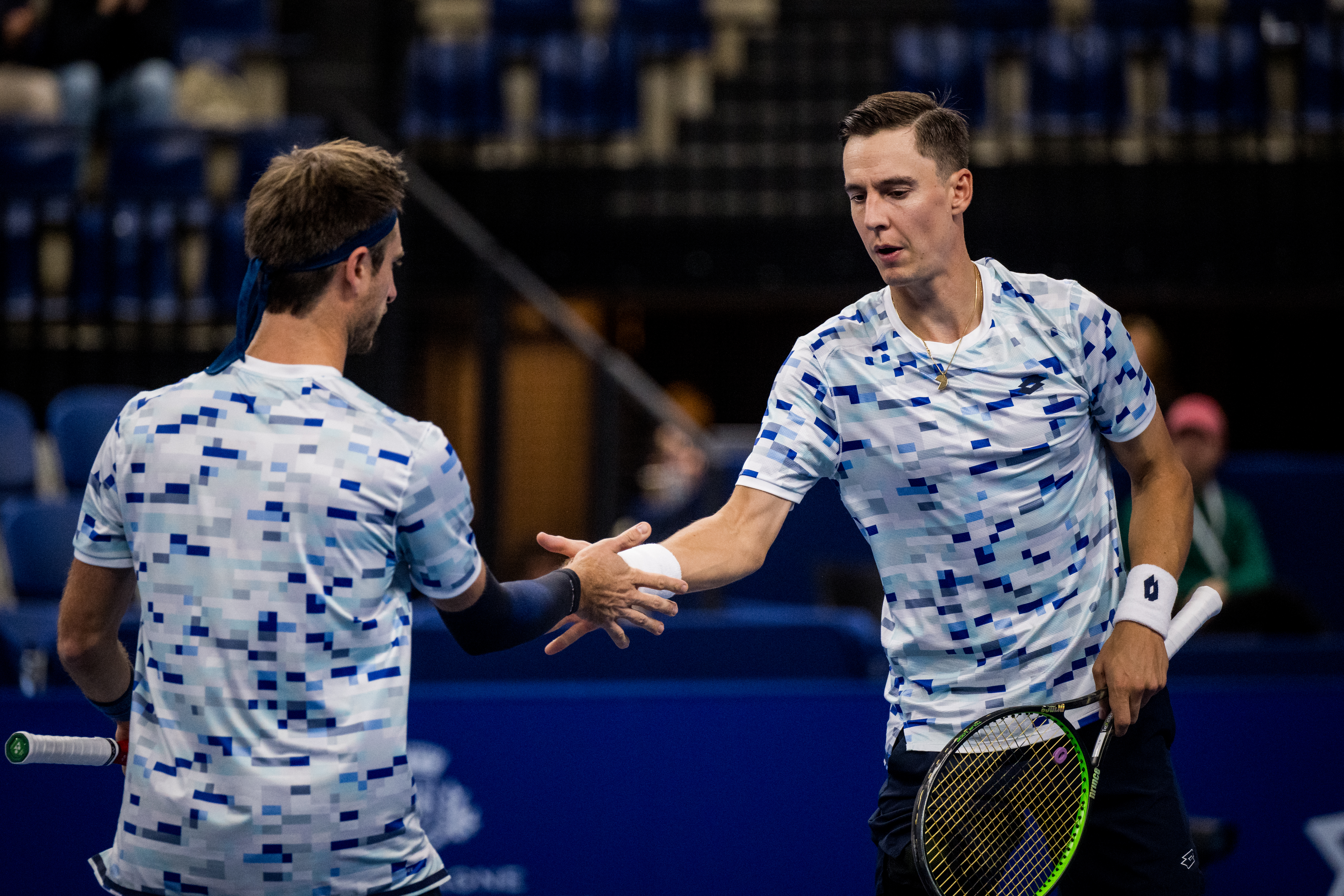 Belgian Sander Gille and Belgian Joran Vliegen pictured in action during a tennis match in the round of 16 of the doubles competition at the ATP European Open Tennis tournament in Antwerp, Tuesday 15 October 2024. BELGA PHOTO JASPER JACOBS