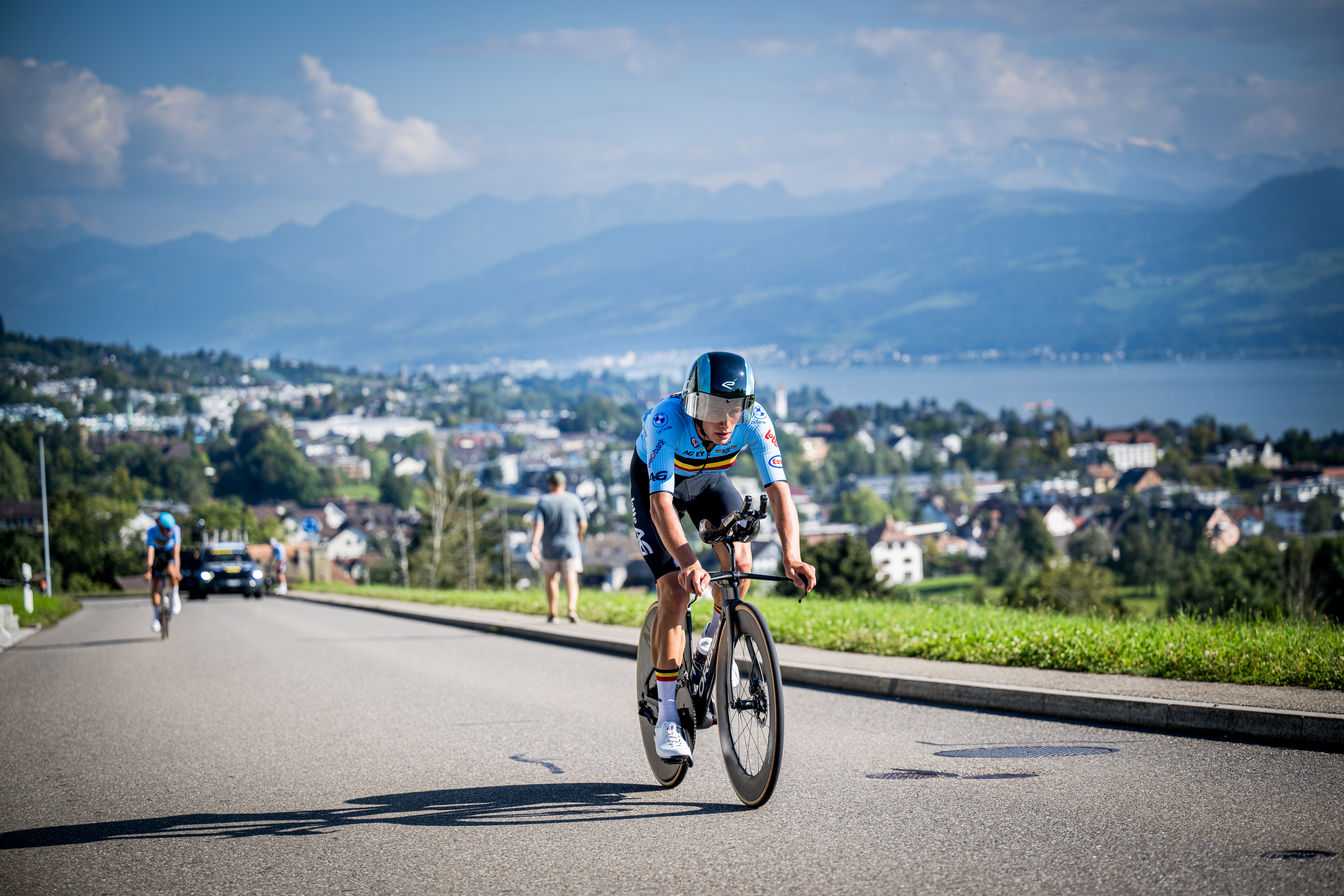 Belgian Alec Segaert pictured in action during a training and track reconnaissance session, ahead of the the 2024 UCI Road and Para-Cycling Road World Championships, Saturday 21 September 2024, in Zurich, Switzerland. The Worlds are taking place from 21 to 29 September. BELGA PHOTO JASPER JACOBS