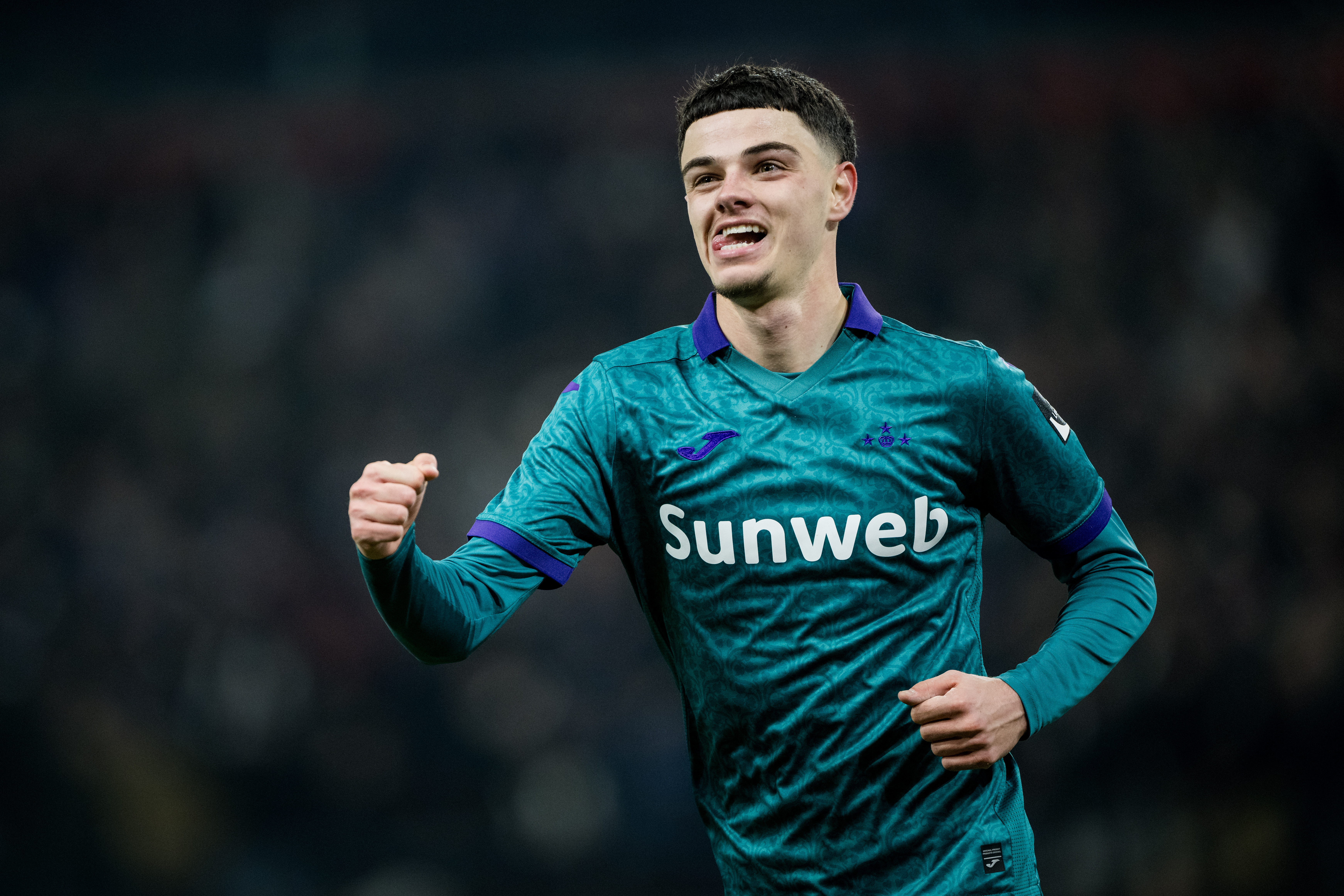 Anderlecht's Tristan Degreef celebrates after scoring during a soccer game between RSC Anderlecht and Royal Antwerp, Thursday 16 January 2025 in Brussels, in the 1/2 finals of the 'Croky Cup' Belgian soccer cup. BELGA PHOTO JASPER JACOBS