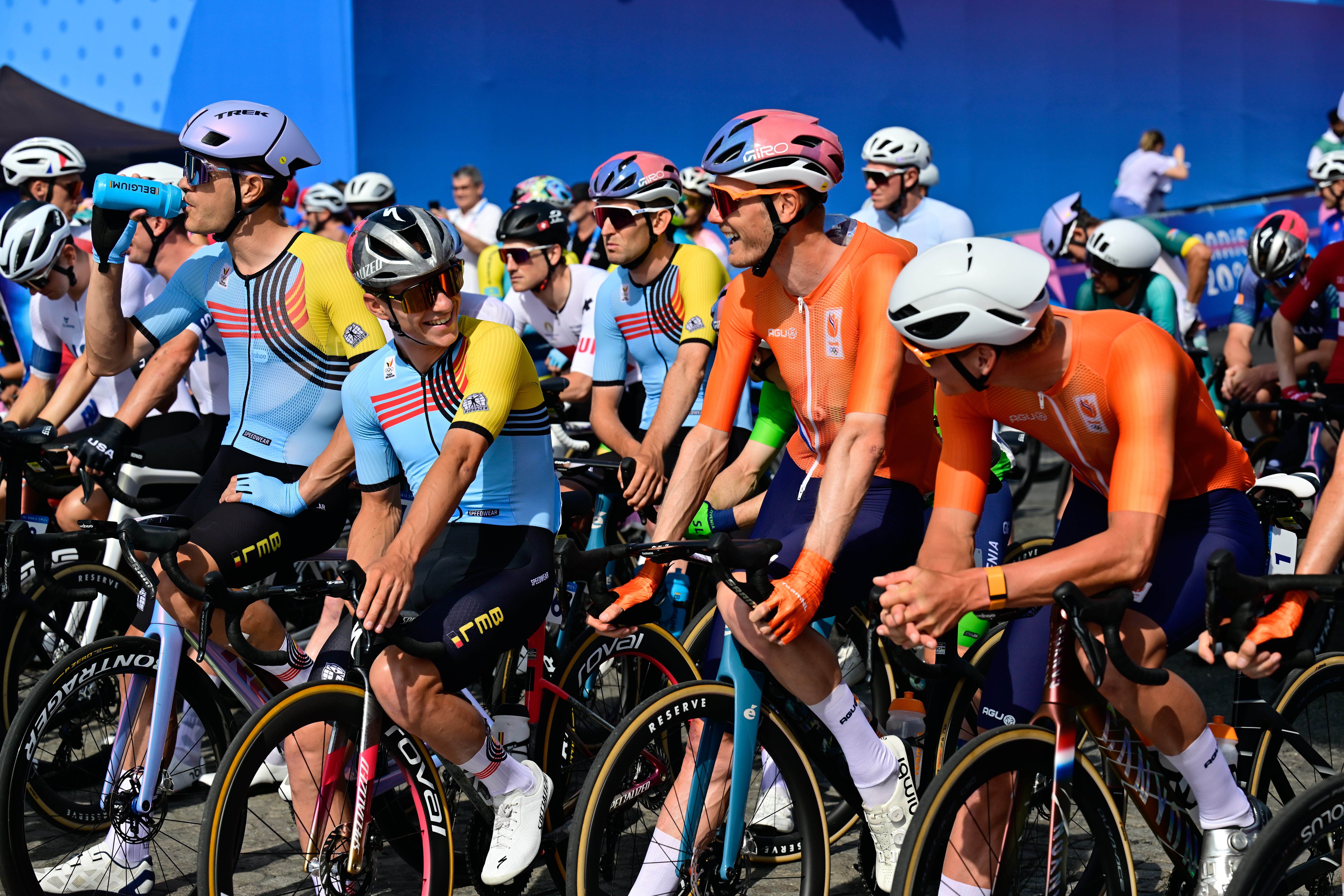 Belgian cyclist Remco Evenepoel, Dutch Dylan Van Baarle of Team Visma-Lease a Bike and Dutch Mathieu van der Poel of Alpecin-Deceuninck pictured at the start of the men's road race at the Paris 2024 Olympic Games, on Saturday 03 August 2024 in Paris, France. The Games of the XXXIII Olympiad are taking place in Paris from 26 July to 11 August. The Belgian delegation counts 165 athletes competing in 21 sports. BELGA PHOTO DIRK WAEM