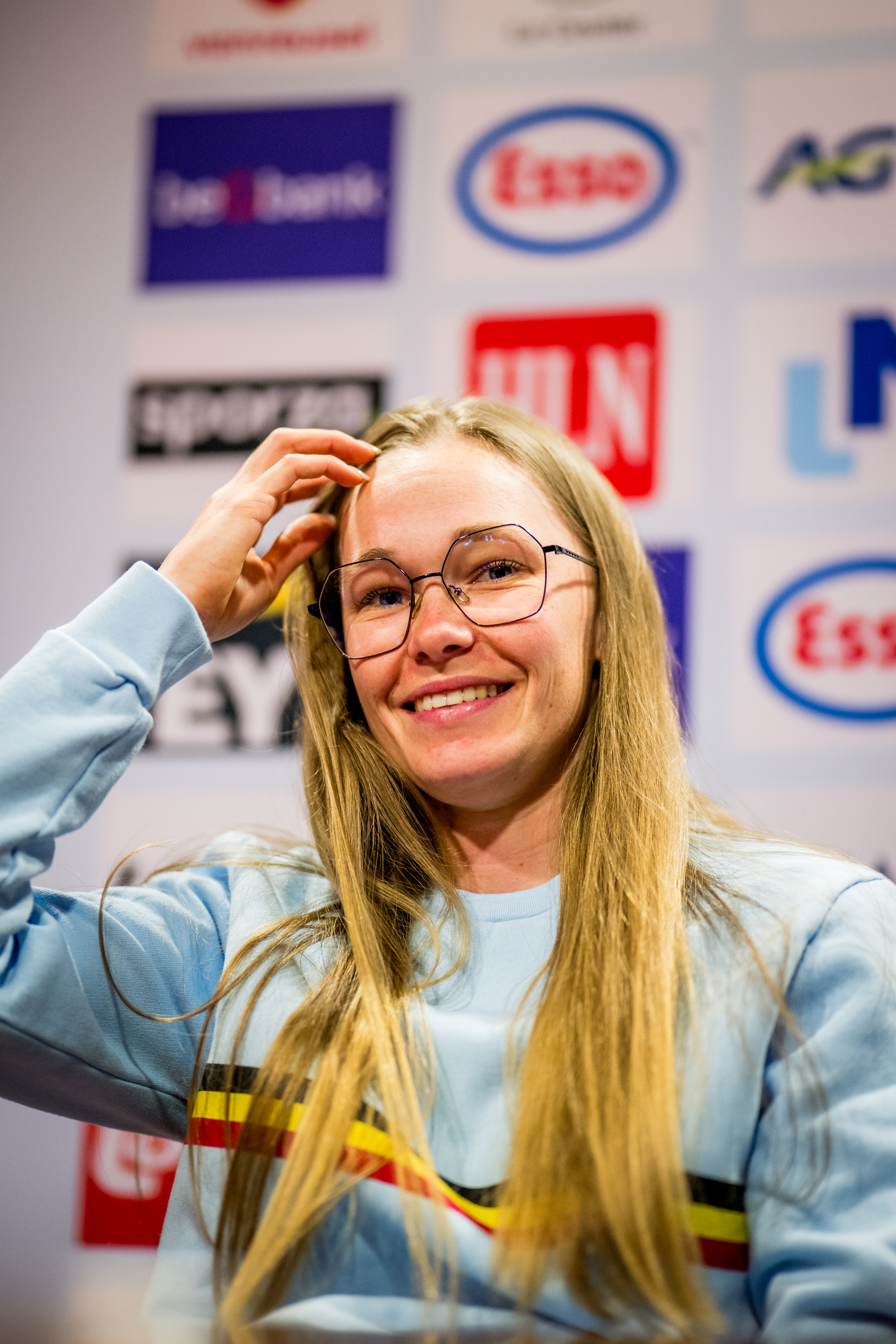 Belgian Julie Brouwers talks to the press during a press conference ahead of the cyclocross Women's World Championship, in Gosnay, France, Thursday 30 January 2025. The world championships are taking place from 31 January until 02 February. BELGA PHOTO JASPER JACOBS