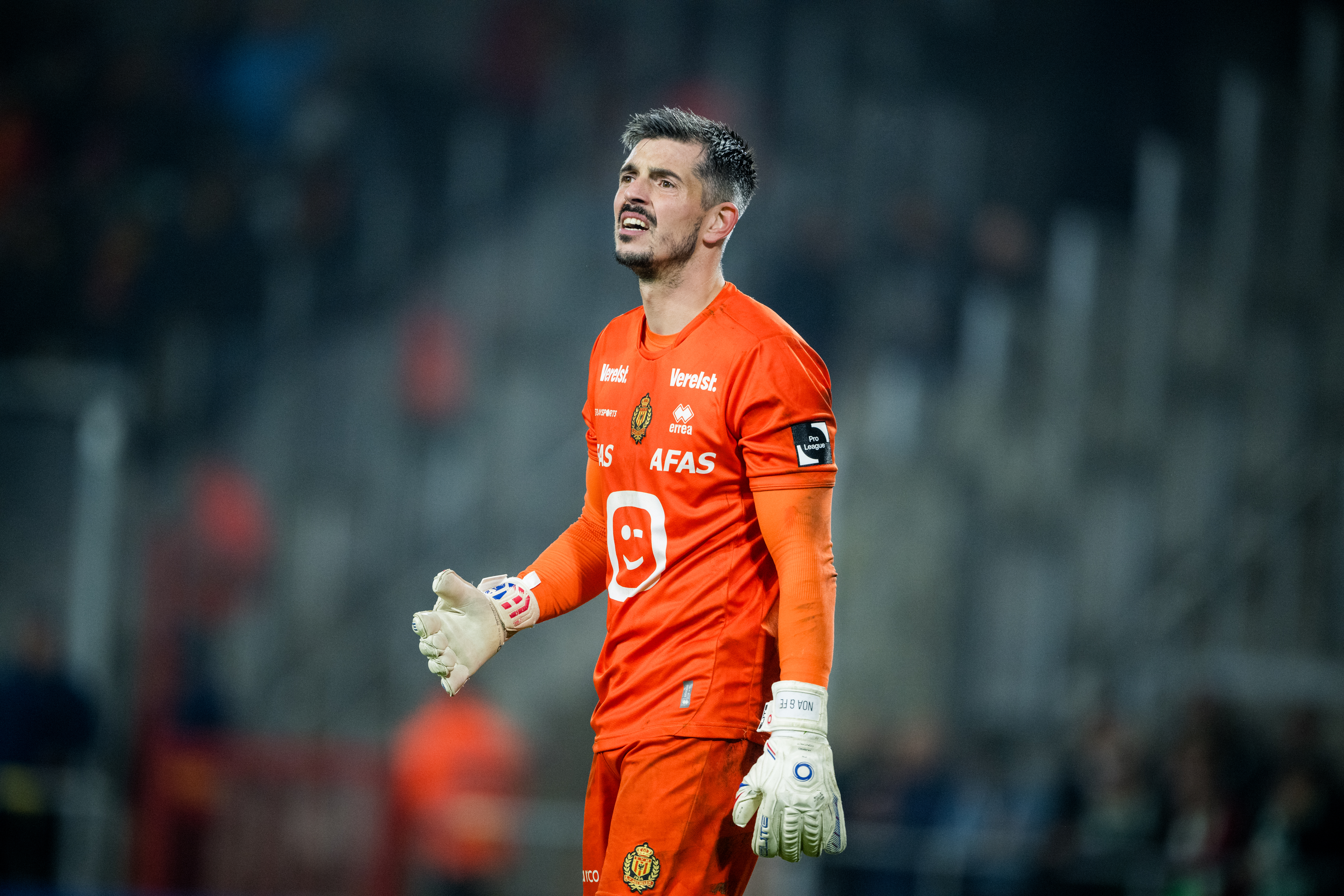 Mechelen's goalkeeper Yannick Thoelen reacts during a soccer game between JPL club KV Mechelen and second division club RAAL La Louviere, Wednesday 30 October 2024 in Mechelen, in the round 1 of 16 of the 'Croky Cup' Belgian soccer cup. BELGA PHOTO JASPER JACOBS