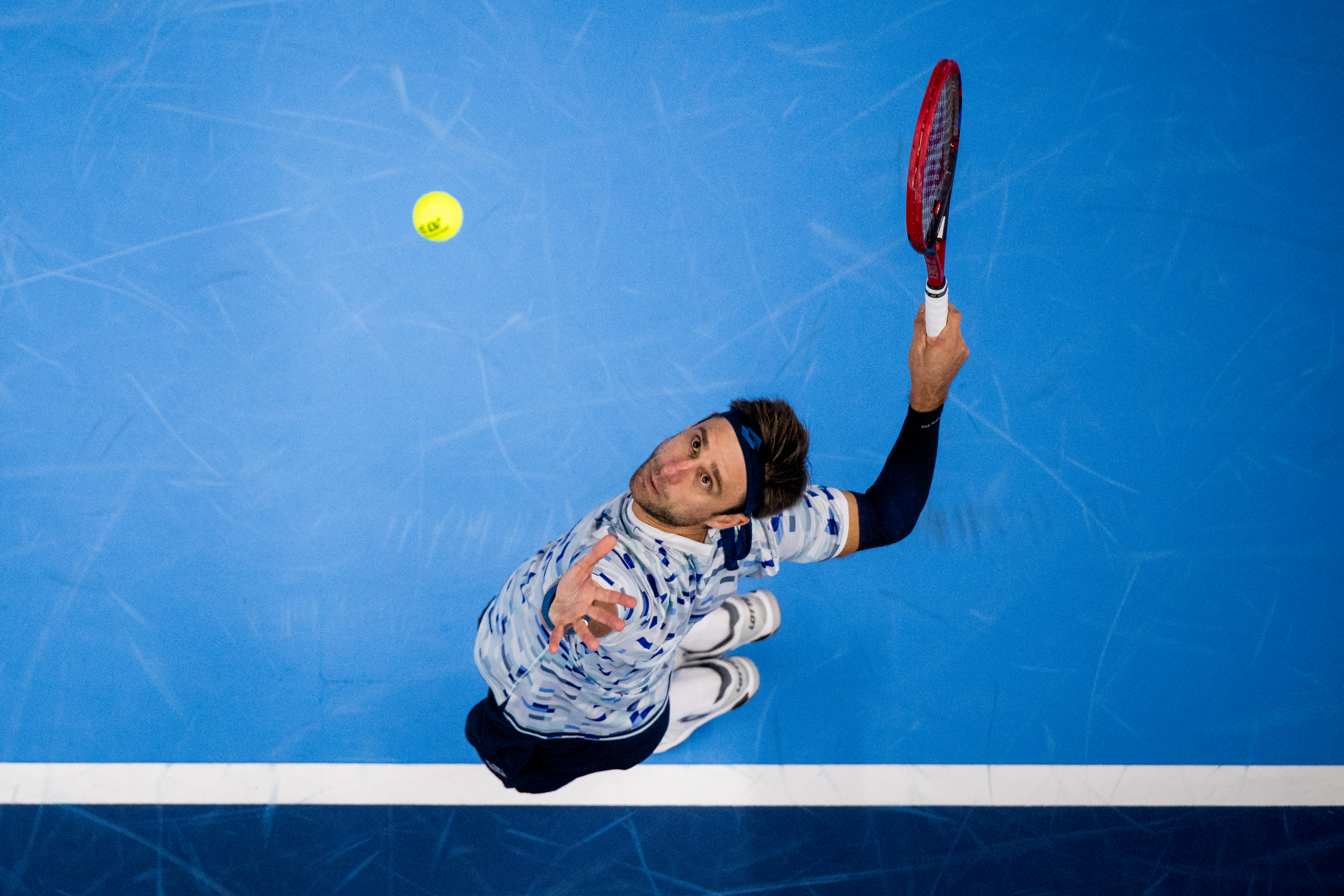 Belgian Sander Gille pictured in action during a tennis match in the round of 16 of the doubles competition at the ATP European Open Tennis tournament in Antwerp, Tuesday 15 October 2024. BELGA PHOTO JASPER JACOBS