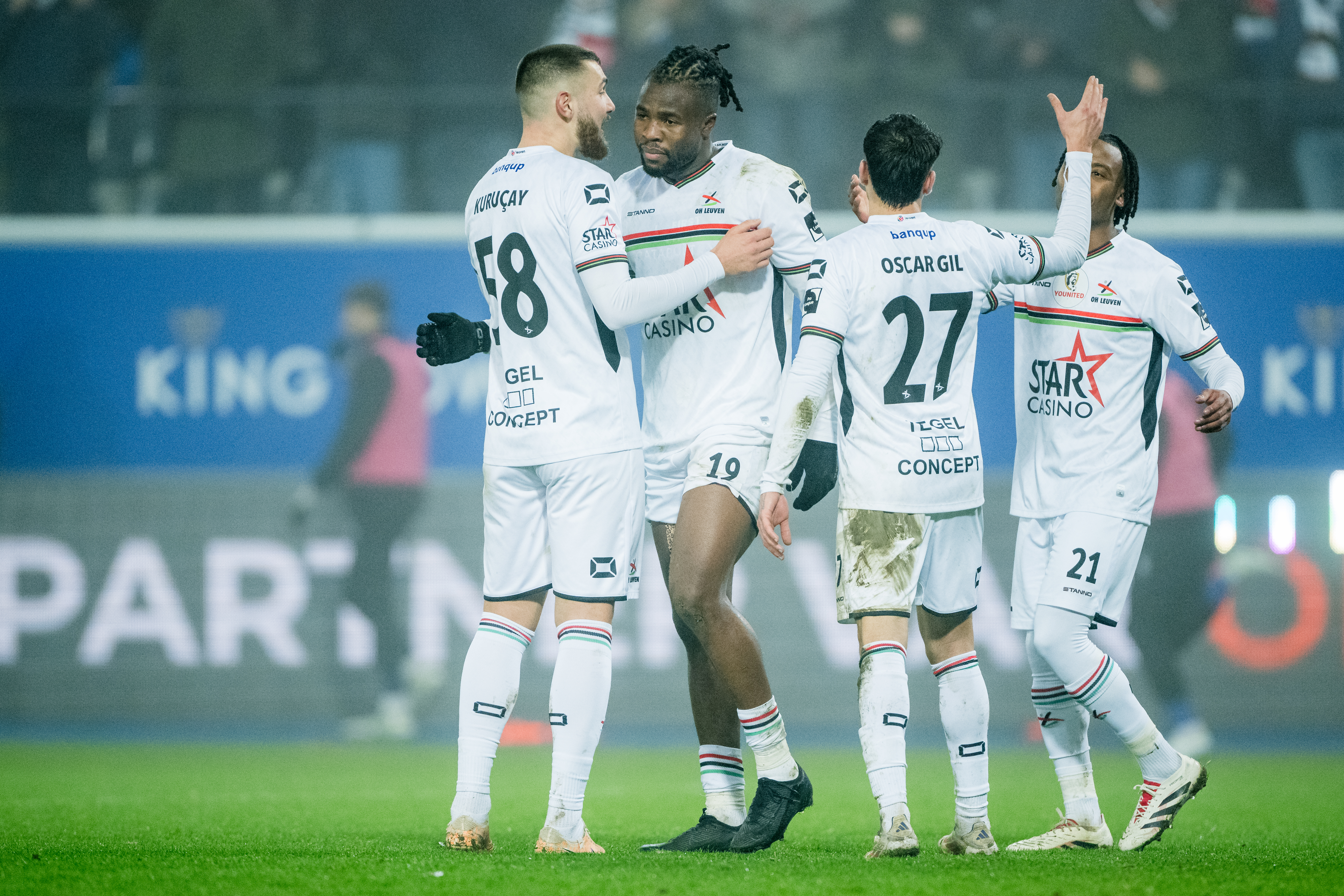 OHL's Chukwubuikem Ikwuemesi celebrates after scoring during a soccer match between Oud-Heverlee Leuven and Beerschot VA, Friday 27 December 2024 in Leuven, on day 20 of the 2024-2025 season of the 'Jupiler Pro League' first division of the Belgian championship. The competition was re-branded as the 'Younited Pro League' for the games of matchweek 20, to shine a light on the Younited Belgium charity. BELGA PHOTO JASPER JACOBS