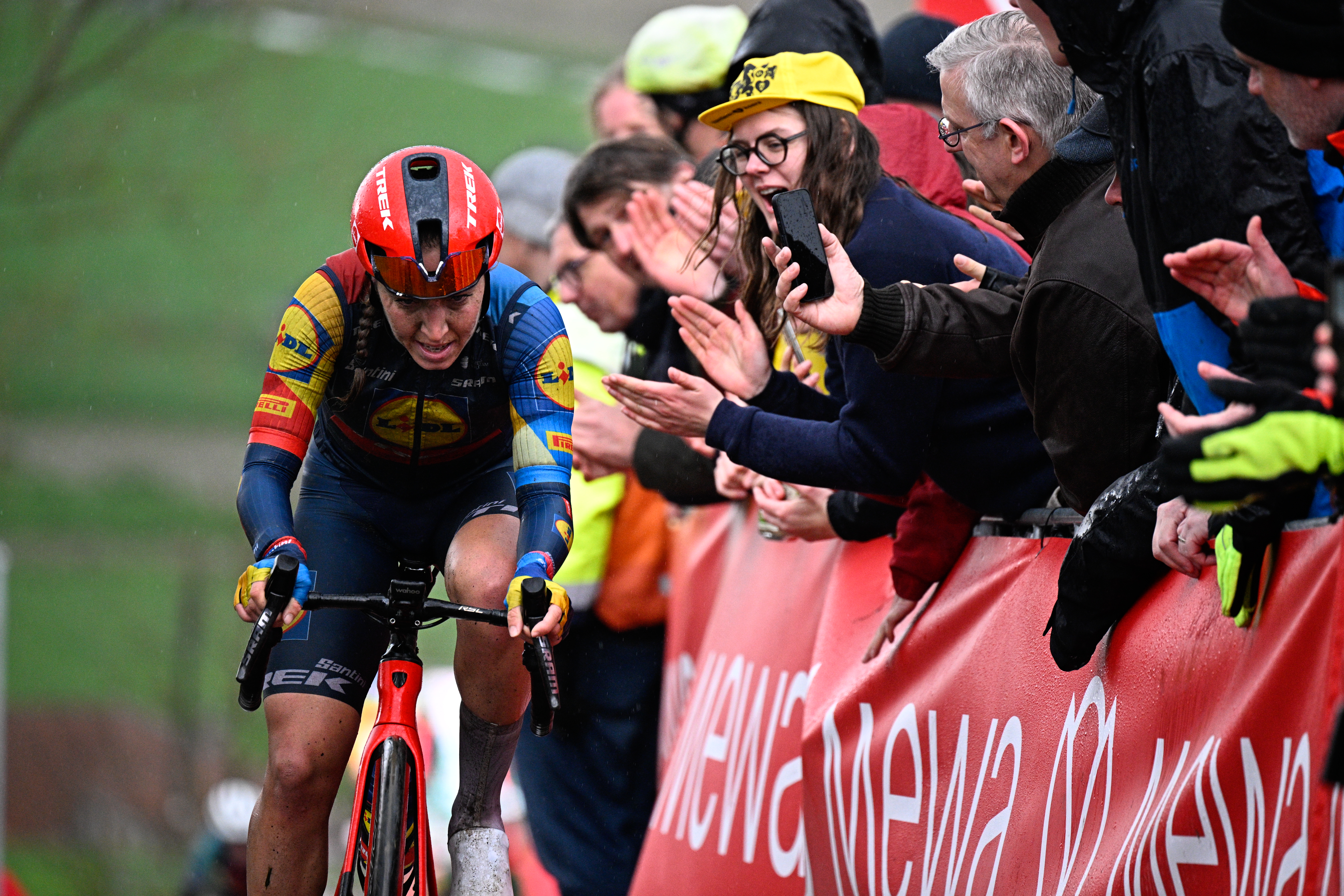 Dutch Shirin Van Anrooij of Lidl-Trek pictured in action during the women's race of the 'Ronde van Vlaanderen/ Tour des Flandres/ Tour of Flanders' one day cycling event, 163km with start and finish in Oudenaarde, Sunday 31 March 2024. BELGA PHOTO JASPER JACOBS