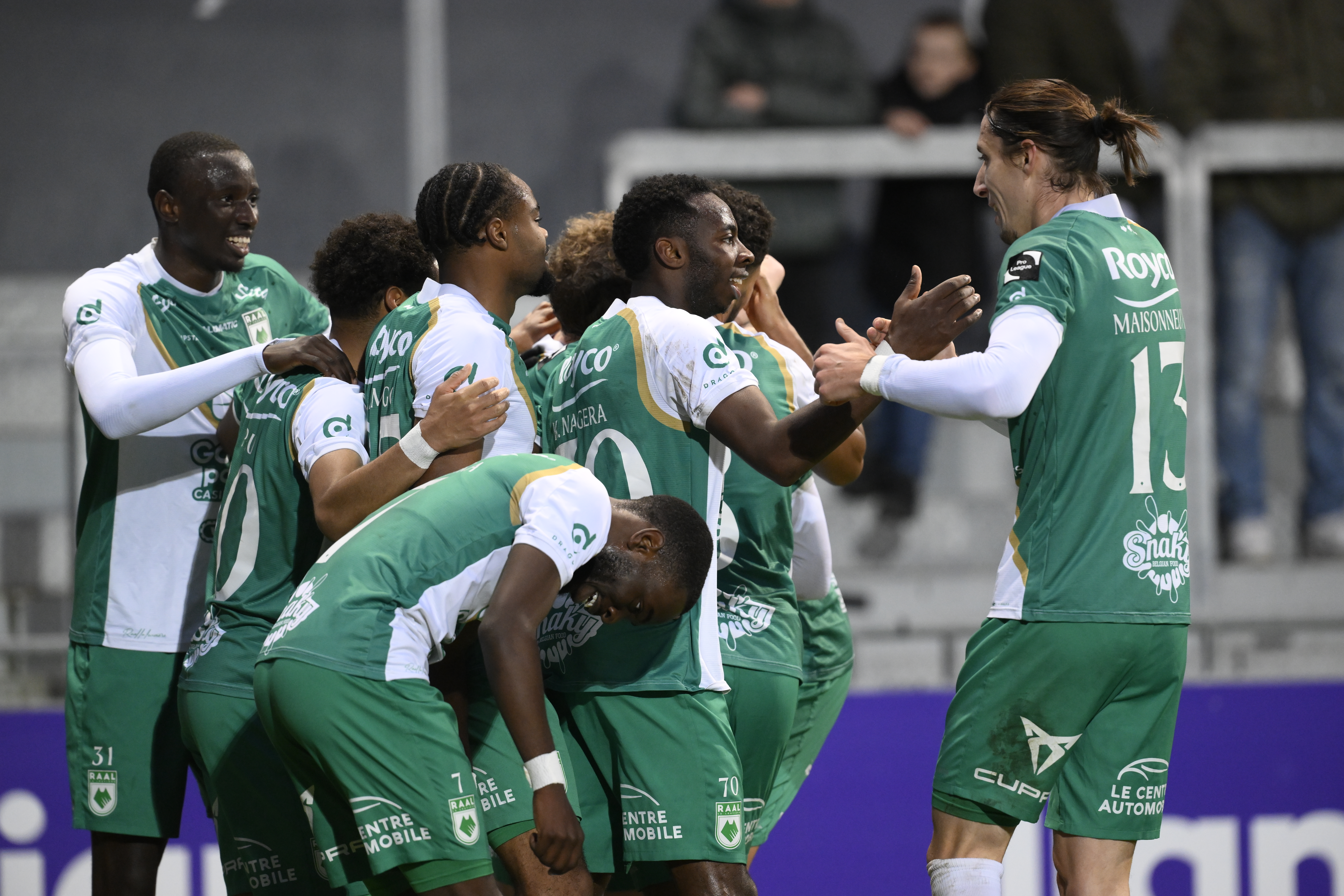 RAAL's Kenny Nagera celebrates after scoring during a soccer match between KAS Eupen and RAAL La Louviere, in Eupen, on day 13 of the 2024-2025 'Challenger Pro League' 1B second division of the Belgian championship, Sunday 01 December 2024. BELGA PHOTO JOHN THYS