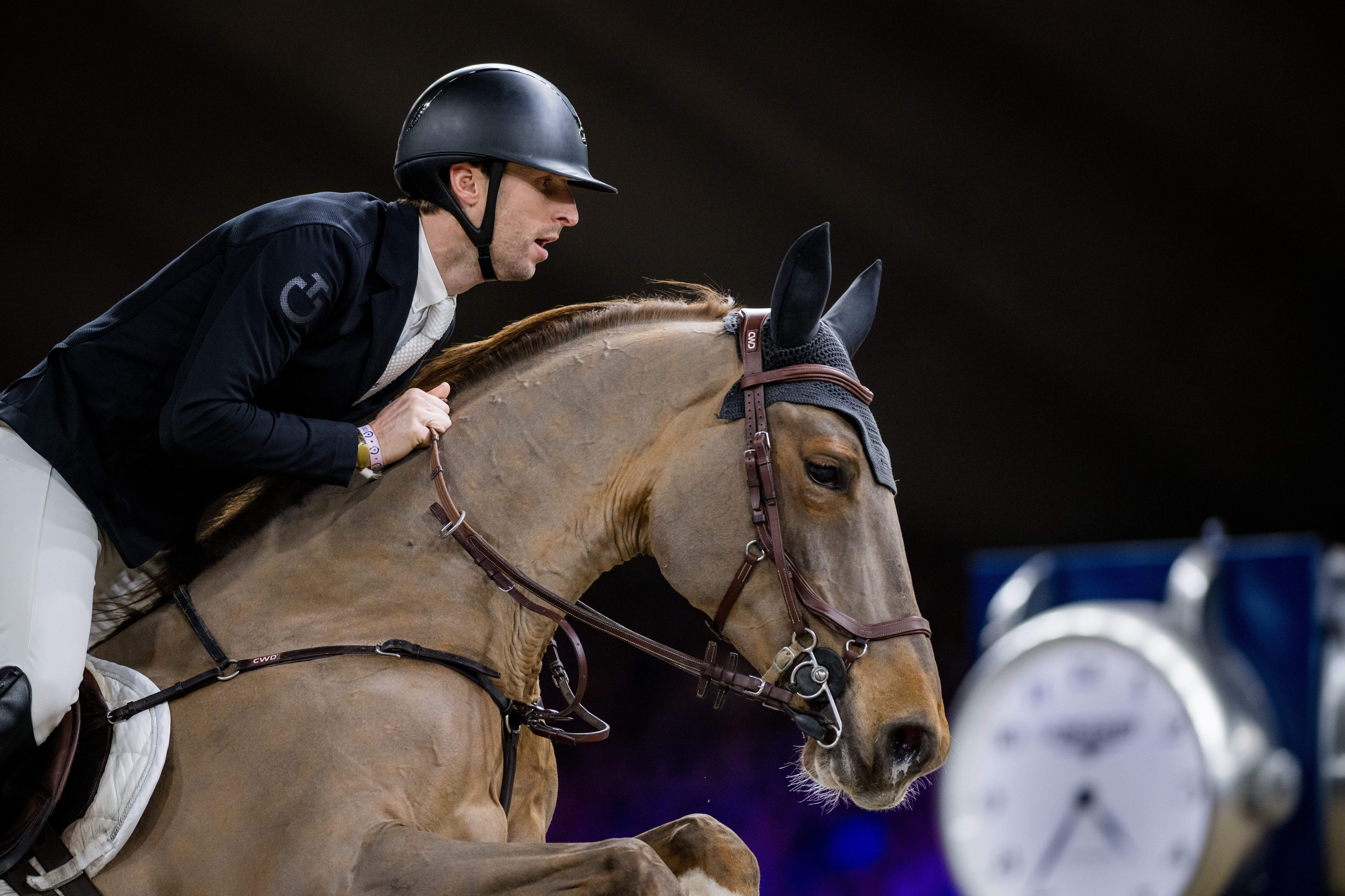 Belgian Pieter Devos with Mom's Toupie de la Roque pictured in action during the FEI World Cup Jumping competition at the 'Vlaanderens Kerstjumping - Memorial Eric Wauters' equestrian event in Mechelen on Saturday 30 December 2023. BELGA PHOTO JASPER JACOBS