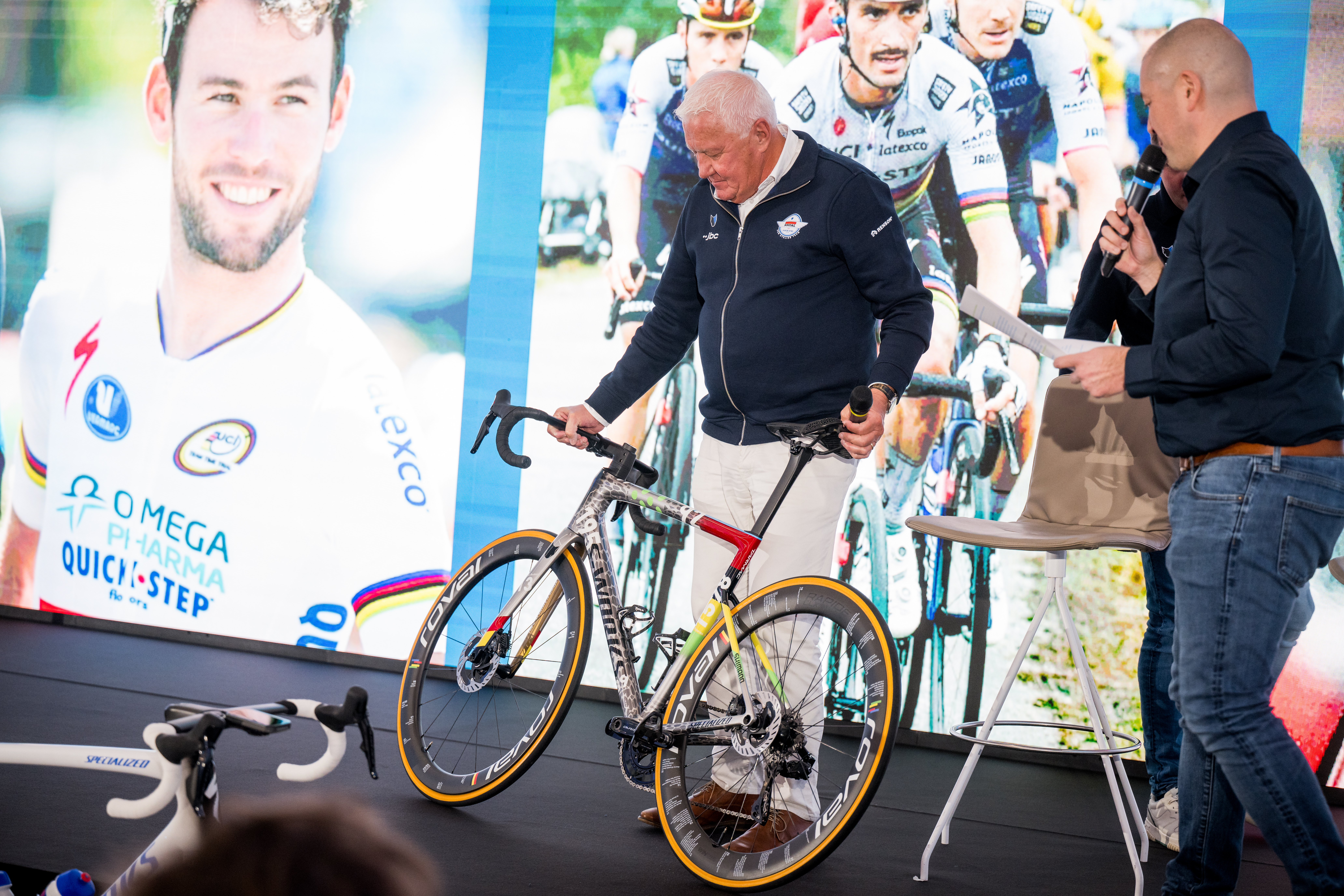 A new bike, wich was given as a gift to former Soudal Quick-Step CEO Patrick Lefevere the media day of the Soudal Quick-Step cycling team in Calpe, Spain, Thursday 09 January 2025. BELGA PHOTO JASPER JACOBS