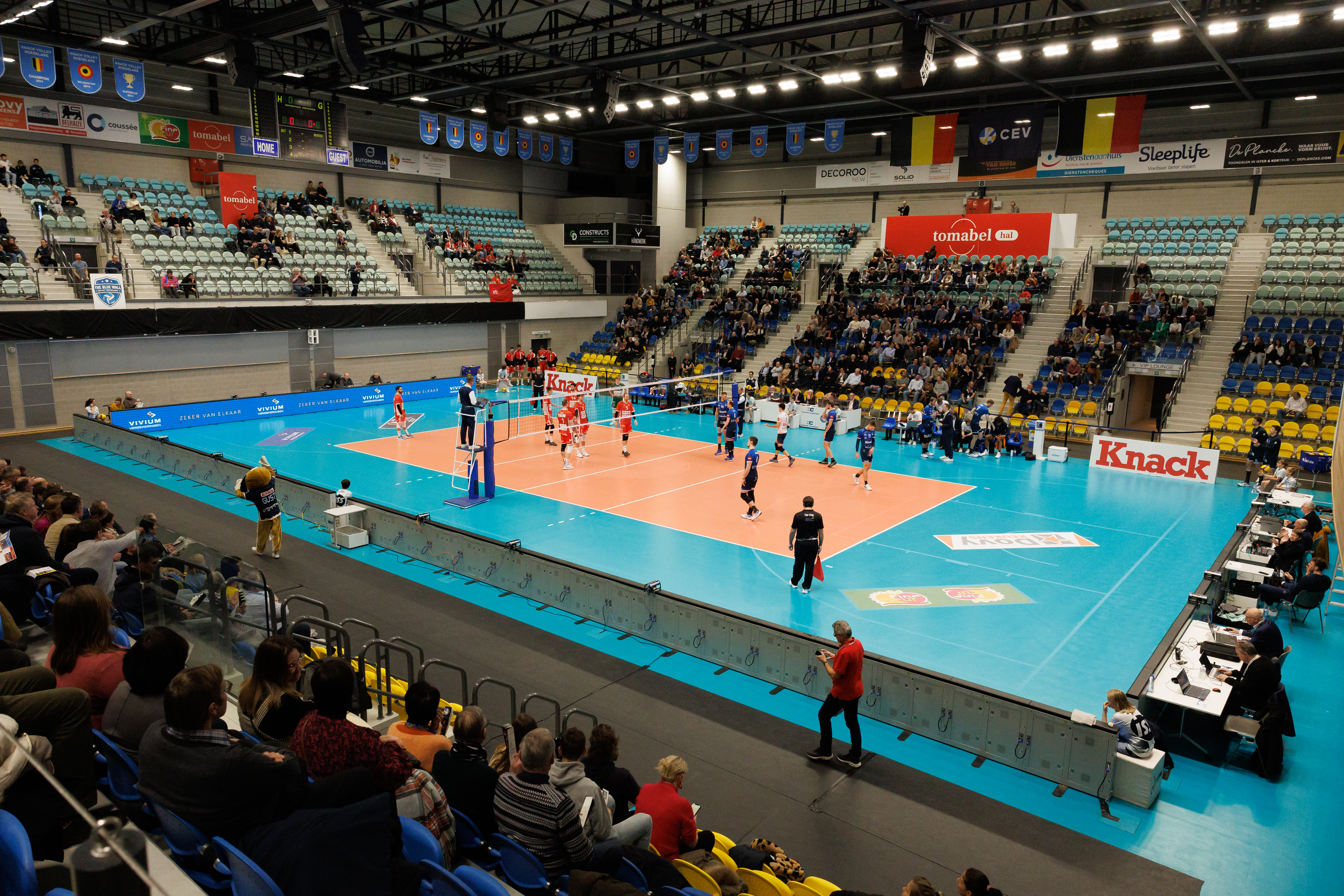 Illustration picture shows a volleyball match between Knack Roeselare and Greenyard Maaseik, first leg of the quarter final of the men's CEV Cup, Wednesday 08 February 2023 in Roeselare. BELGA PHOTO KURT DESPLENTER