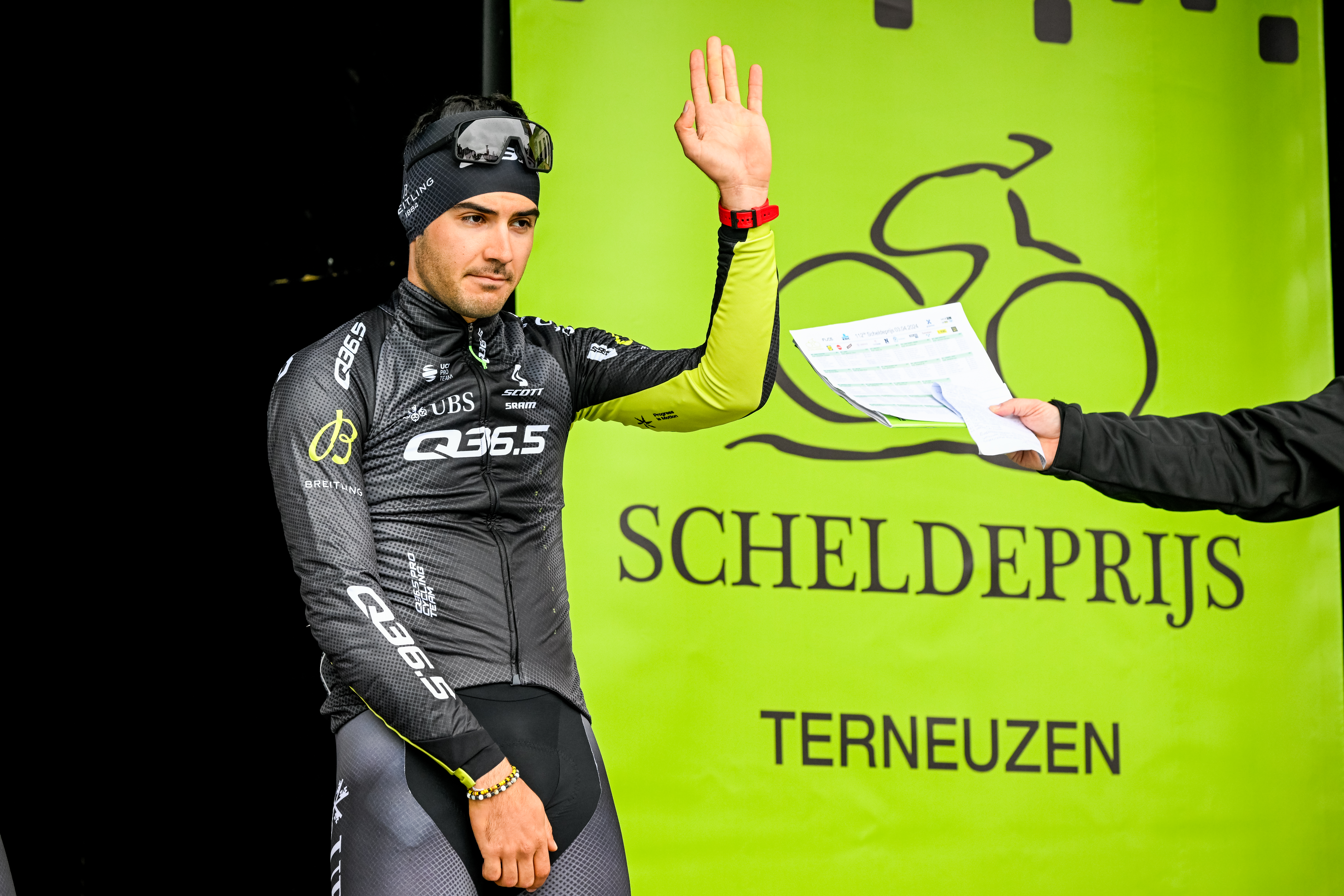 Italian Matteo Moschetti of Q36.5 Pro Cycling Team at the start of the men's race of the 112th edition of the 'Scheldeprijs' one day cycling event, 205,3 km from Terneuzen, the Netherlands to Schoten, Belgium on Wednesday 03 April 2024. BELGA PHOTO TOM GOYVAERTS