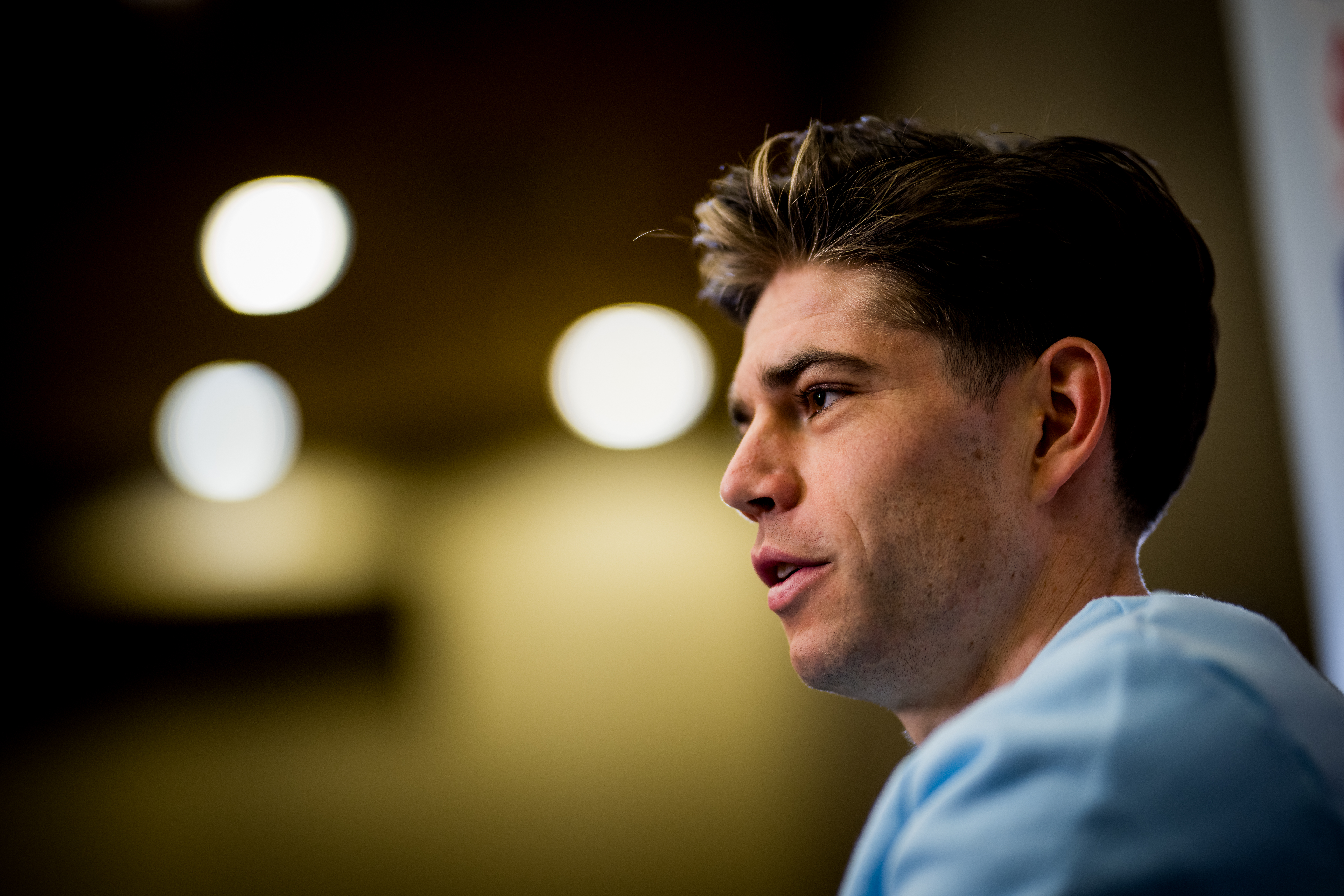 Belgian Wout van Aert talks to the press during a press conference ahead of the UCI cyclocross World Championship, in Gosnay, France, Friday 31 January 2025. The world championships are taking place from 31 January until 02 February. BELGA PHOTO JASPER JACOBS