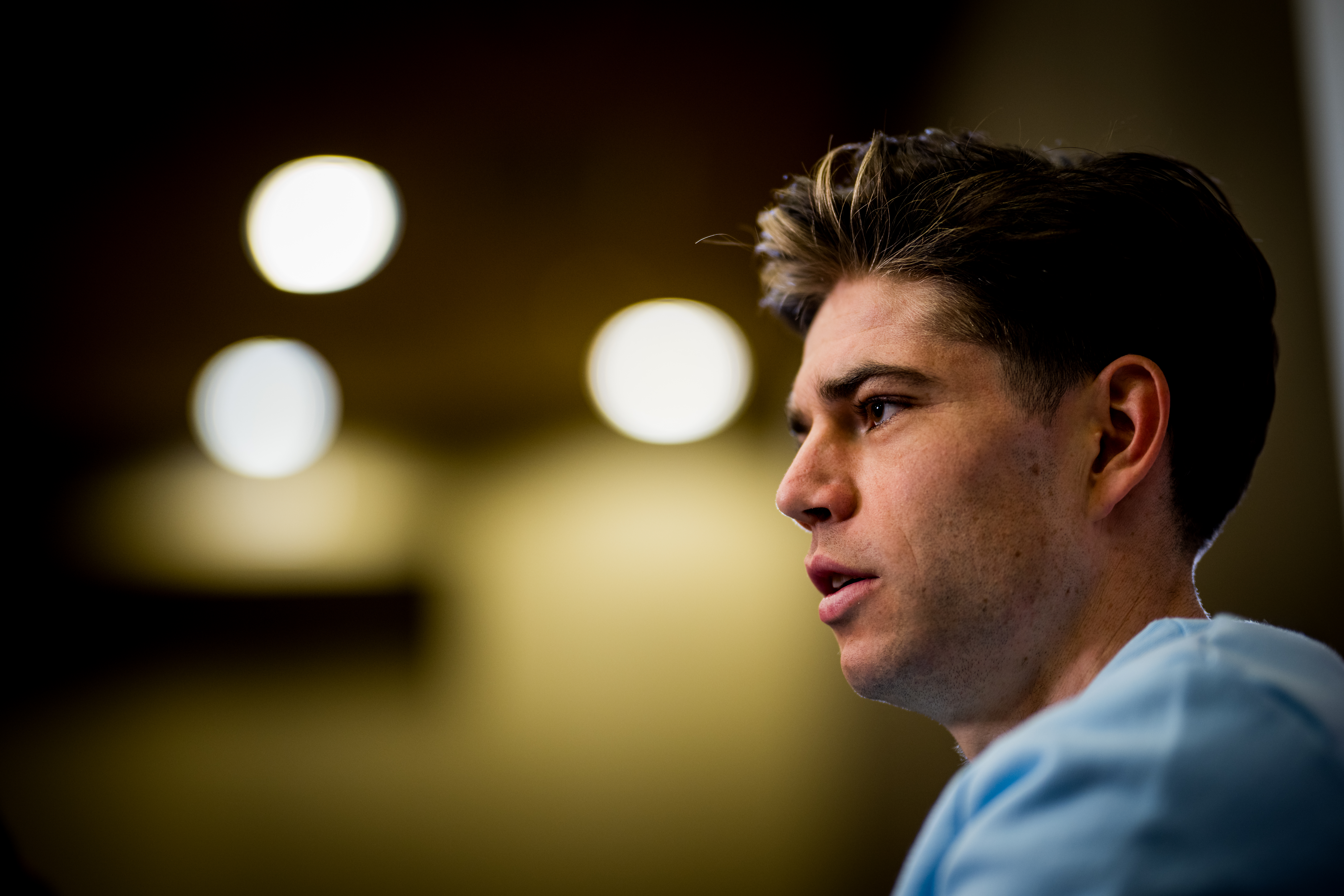 Belgian Wout van Aert talks to the press during a press conference ahead of the UCI cyclocross World Championship, in Gosnay, France, Friday 31 January 2025. The world championships are taking place from 31 January until 02 February. BELGA PHOTO JASPER JACOBS