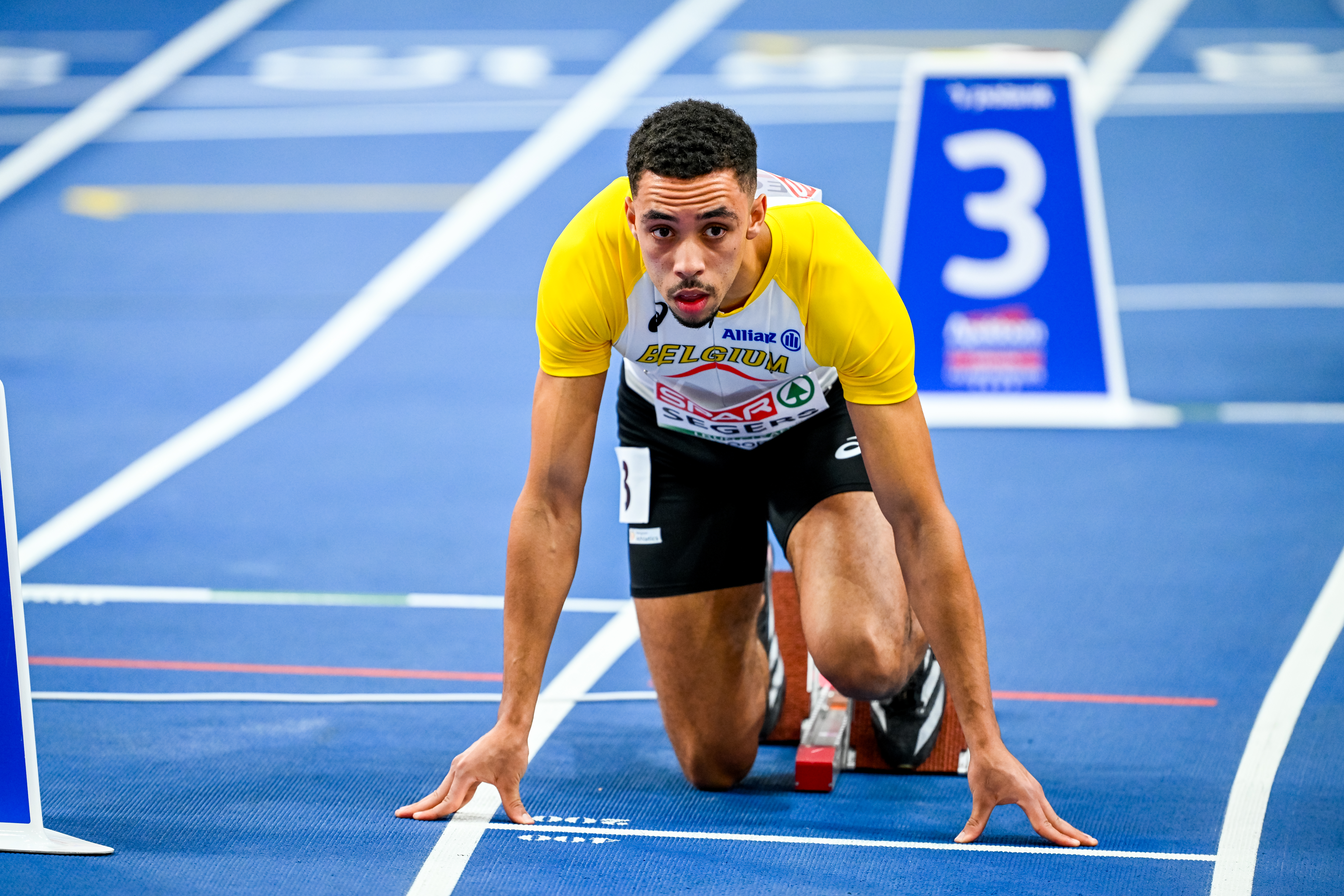 Belgian Daniel Segers pictured in action during the 400m race, at the European Athletics Indoor Championships, in Apeldoorn, The Netherlands, Friday 07 March 2025. The championships take place from 6 to 9 March. BELGA PHOTO ERIC LALMAND