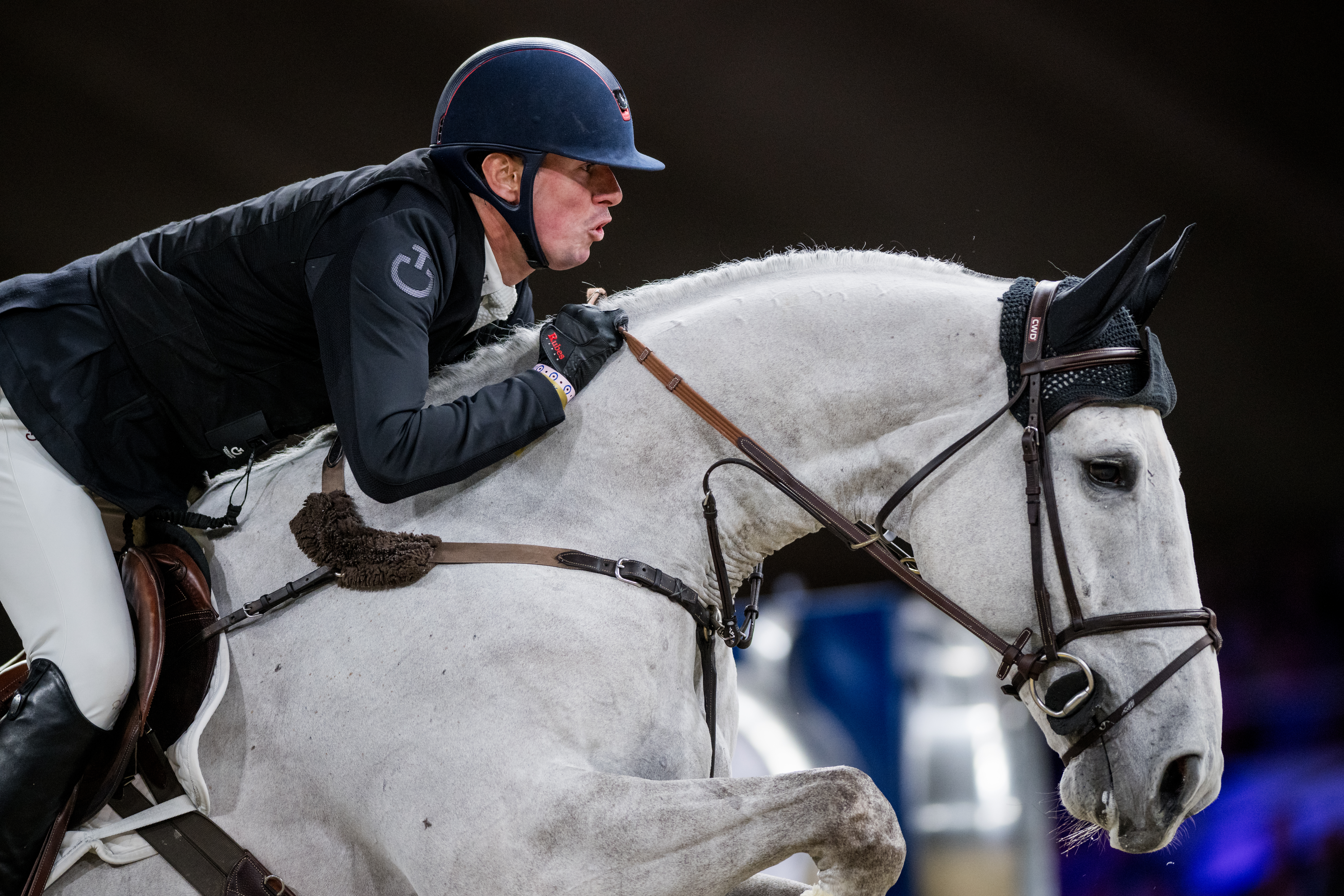 Belgian rider Jos Verlooy with Origi pictured in action during the FEI World Cup Jumping competition at the 'Vlaanderens Kerstjumping - Memorial Eric Wauters' equestrian event in Mechelen on Saturday 30 December 2023. BELGA PHOTO JASPER JACOBS