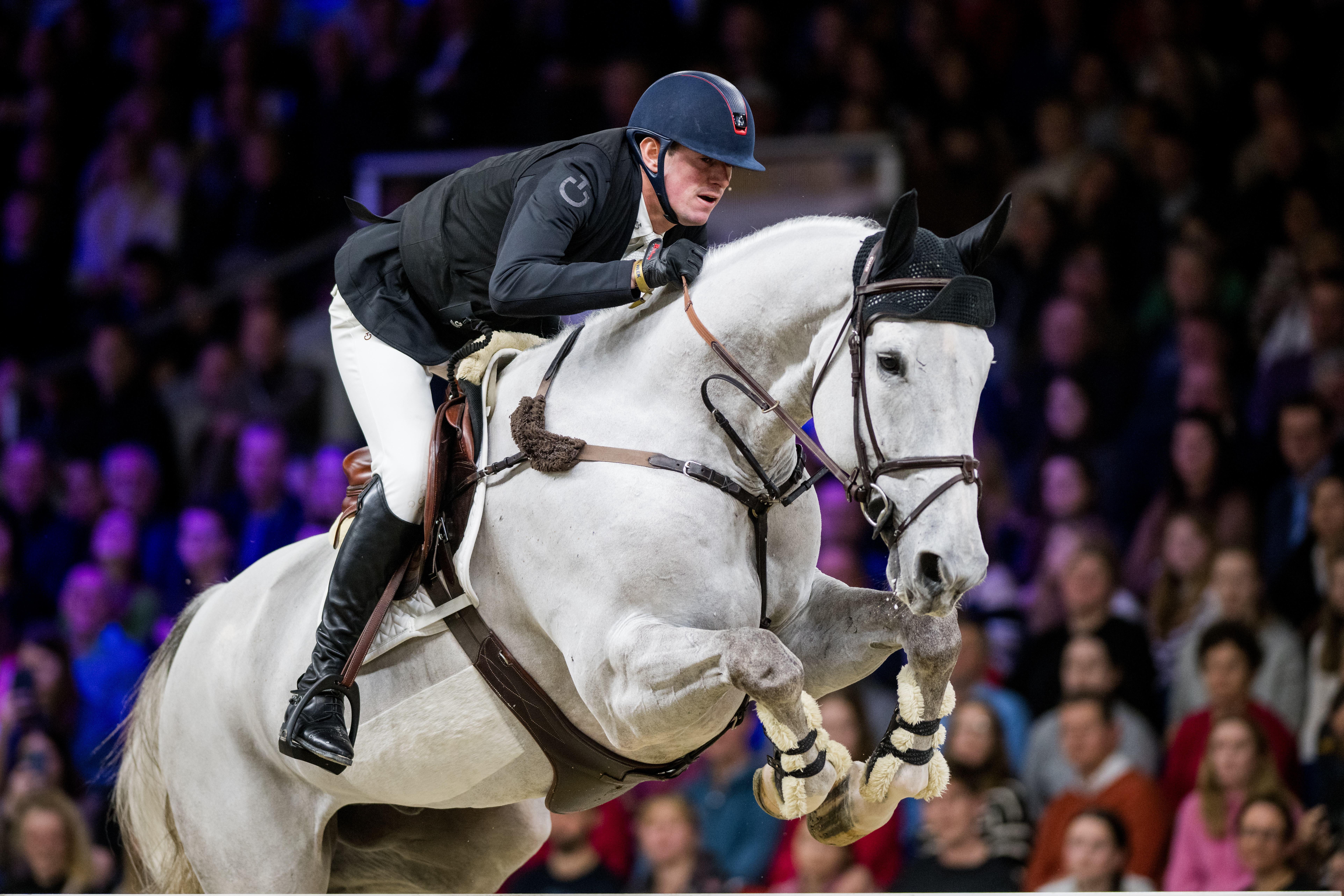 Belgian rider Jos Verlooy with Origi pictured in action during the FEI World Cup Jumping competition at the 'Vlaanderens Kerstjumping - Memorial Eric Wauters' equestrian event in Mechelen on Saturday 30 December 2023. BELGA PHOTO JASPER JACOBS