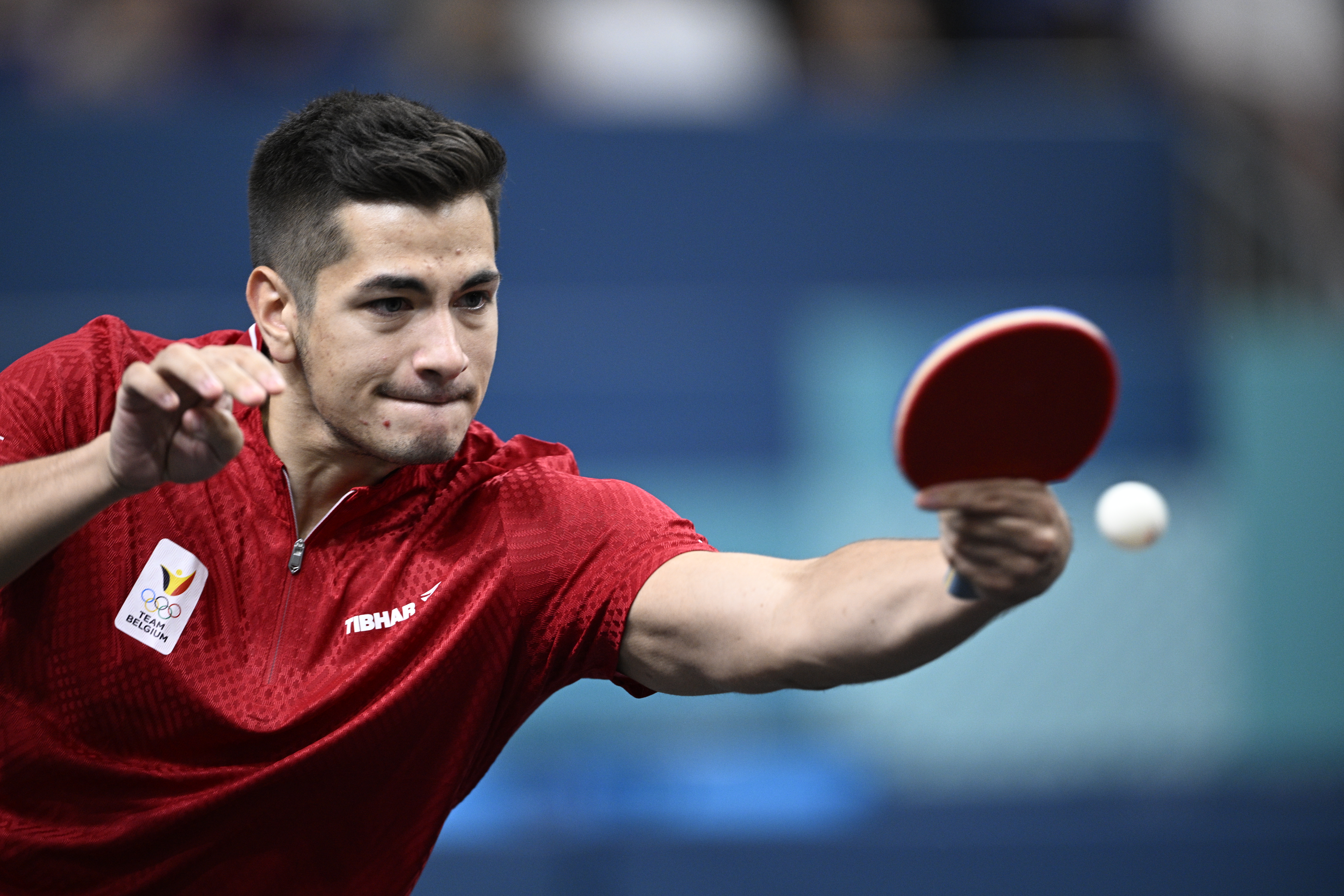 Belgian Martin Allegro pictured in action during a table tennis match against Japanese Harimoto, in the round of 64 of the men's singles tournament at the Paris 2024 Olympic Games, on Monday 29 July 2024 in Paris, France. The Games of the XXXIII Olympiad are taking place in Paris from 26 July to 11 August. The Belgian delegation counts 165 athletes competing in 21 sports. BELGA PHOTO JASPER JACOBS