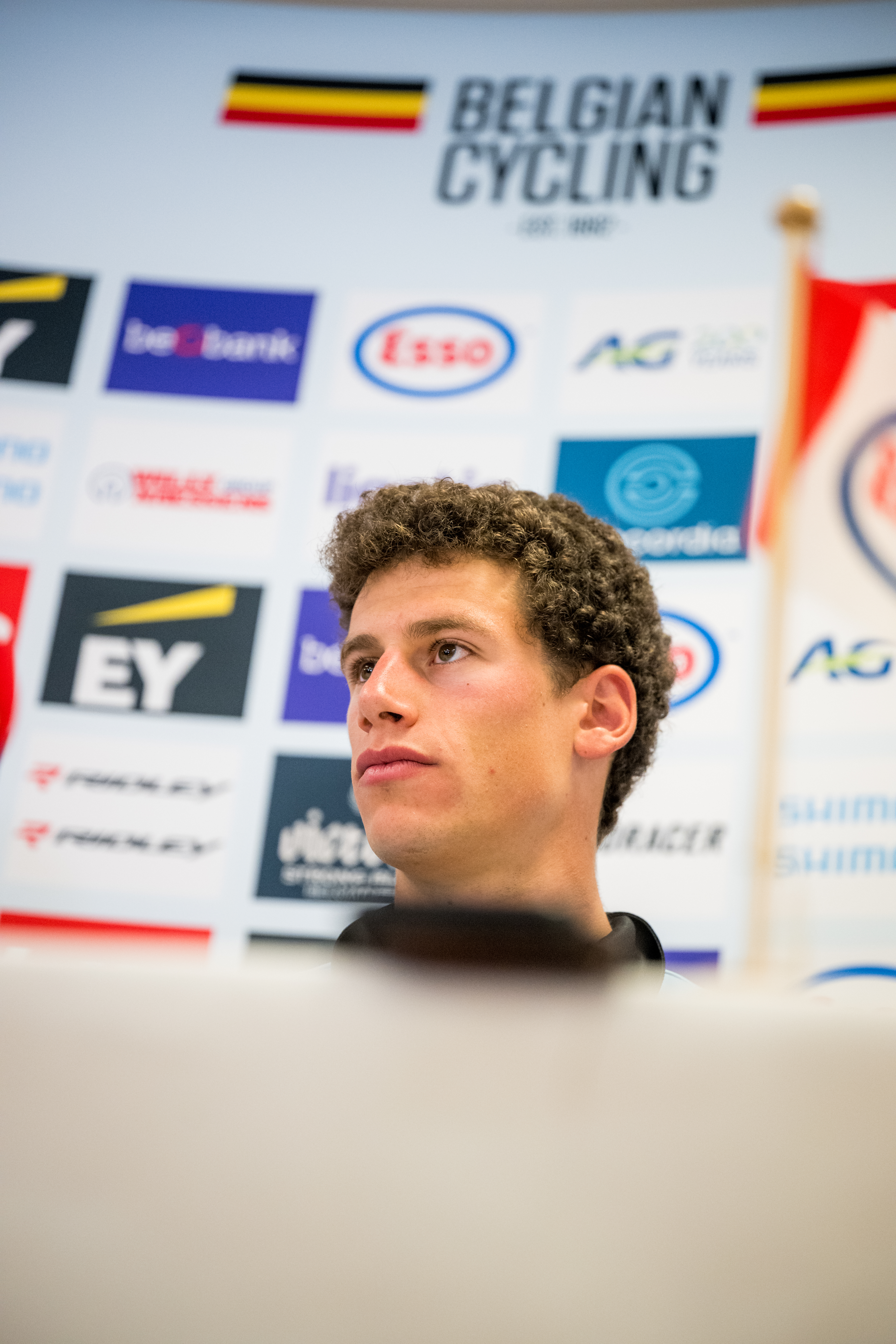 Belgian Alec Segaert talks to the press during a press conference of the Belgian team ahead of Sunday's time trial race at the 2024 UCI Road and Para-Cycling Road World Championships, Friday 20 September 2024, in Wetzikon, Switzerland. The Worlds are taking place from 21 to 29 September in Zurich, Switzerland. BELGA PHOTO JASPER JACOBS