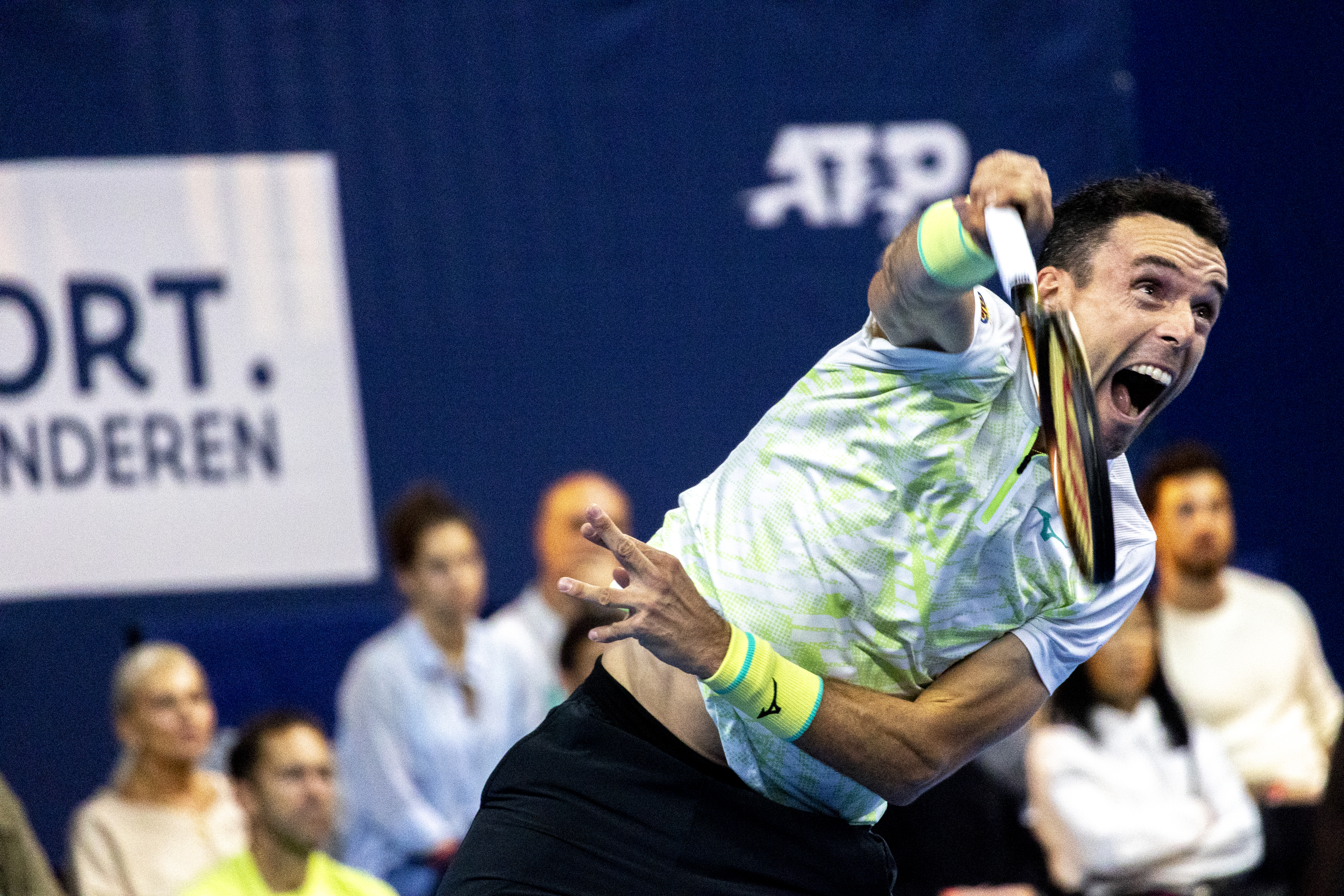 Spanish Roberto Bautista-Agut pictured in action during a tennis match in the quarter finals of the singles competition at the ATP European Open Tennis tournament in Antwerp, Friday 18 October 2024. BELGA PHOTO WARD VANDAEL