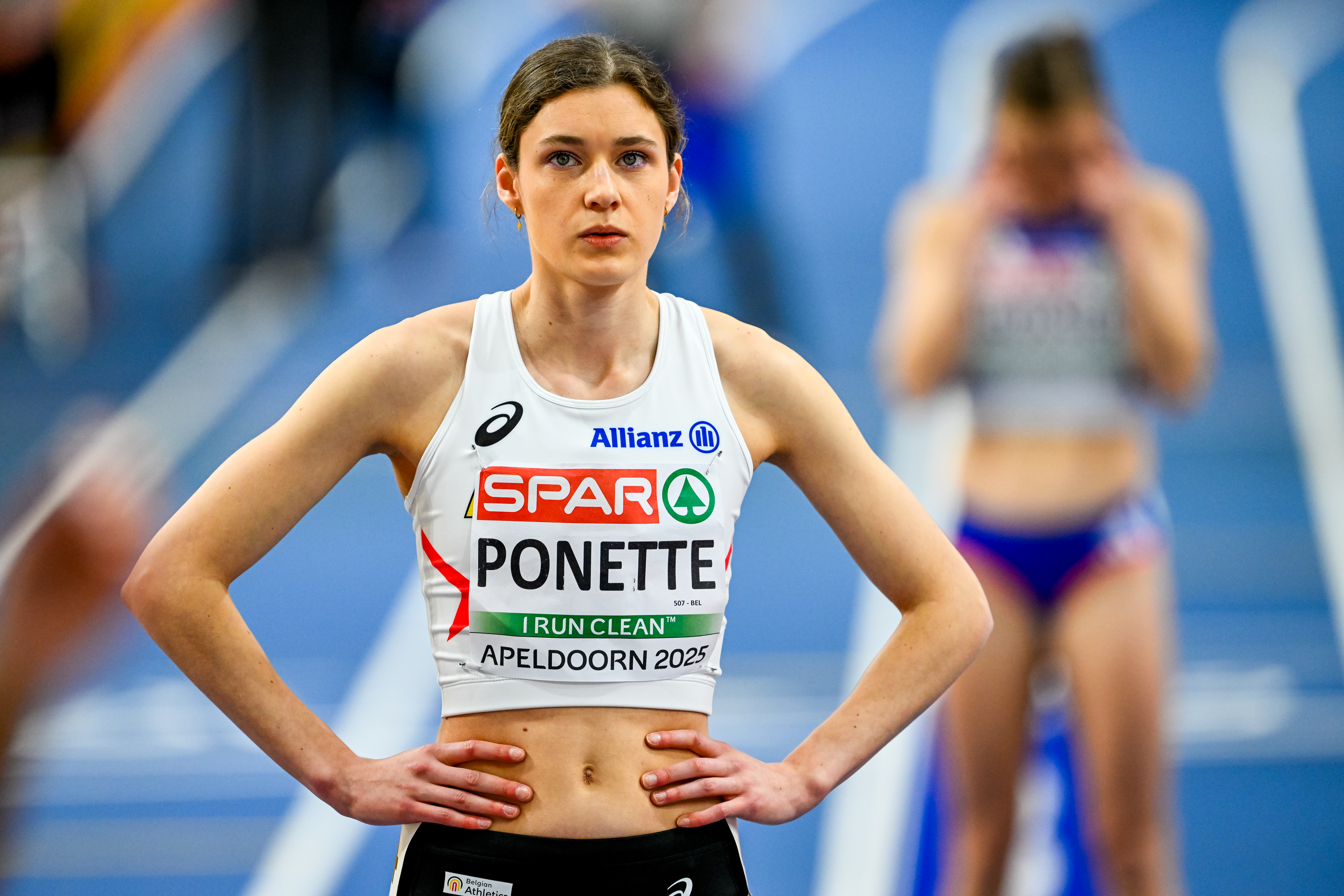 Belgian Helena Ponette pictured at the start of during the European Athletics Indoor Championships, in Apeldoorn, The Netherlands, Friday 07 March 2025. The championships take place from 6 to 9 March. BELGA PHOTO ERIC LALMAND