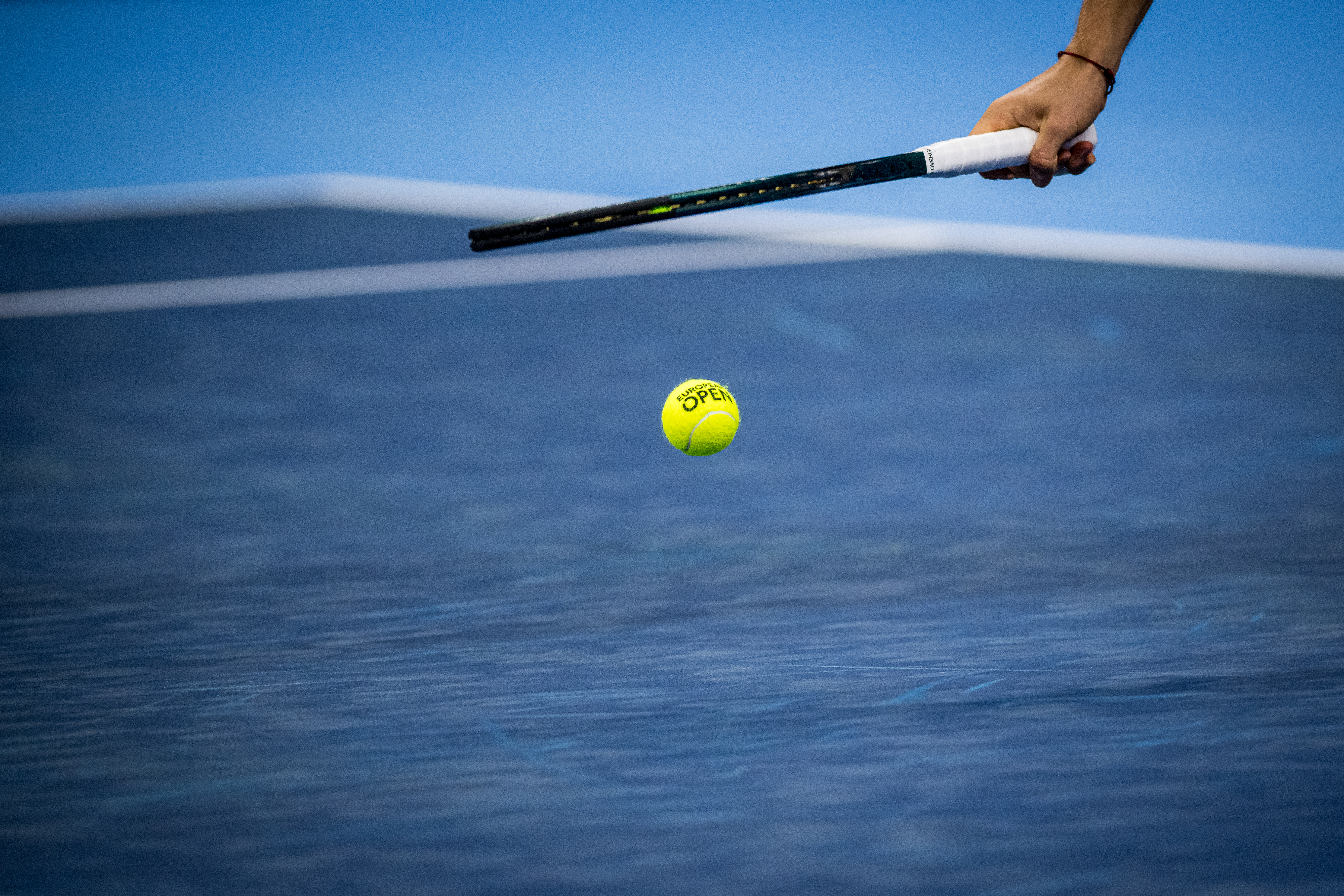 Illustration picture shows a tennis racket during a tennis match in the qualification phase for the ATP European Open Tennis tournament in Antwerp, Monday 14 October 2024. BELGA PHOTO JASPER JACOBS