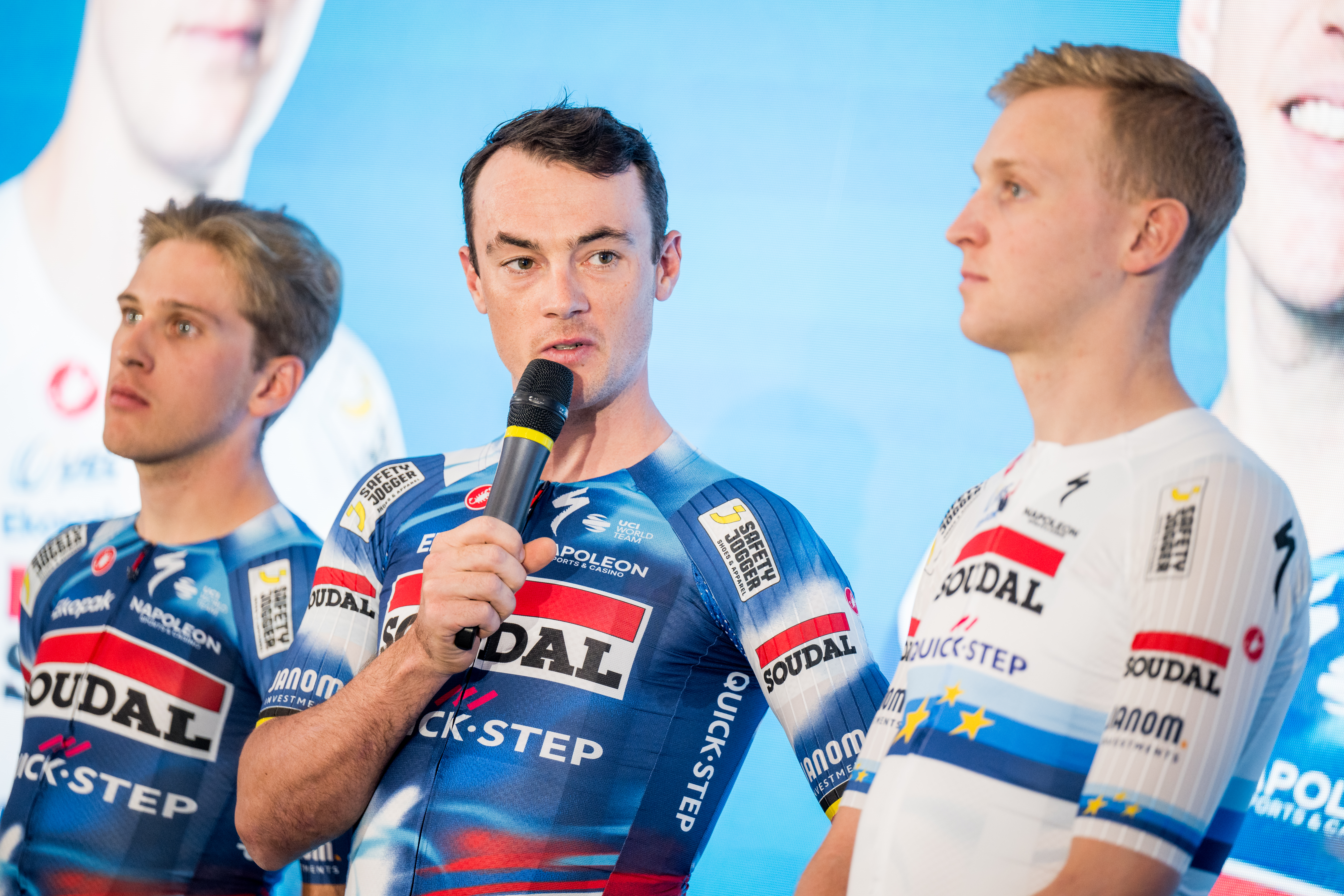 Spanish Mikel Landa of Soudal Quick-Step, Belgian Mauri Vansevenant of Soudal Quick-Step, Belgian Ilan Van Wilder of Soudal Quick-Step, Belgian Yves Lampaert of Soudal Quick-Step and Belgian Tim Merlier of Soudal Quick-Step pictured during the media day of the Soudal Quick-Step cycling team in Calpe, Spain, Thursday 09 January 2025. BELGA PHOTO JASPER JACOBS