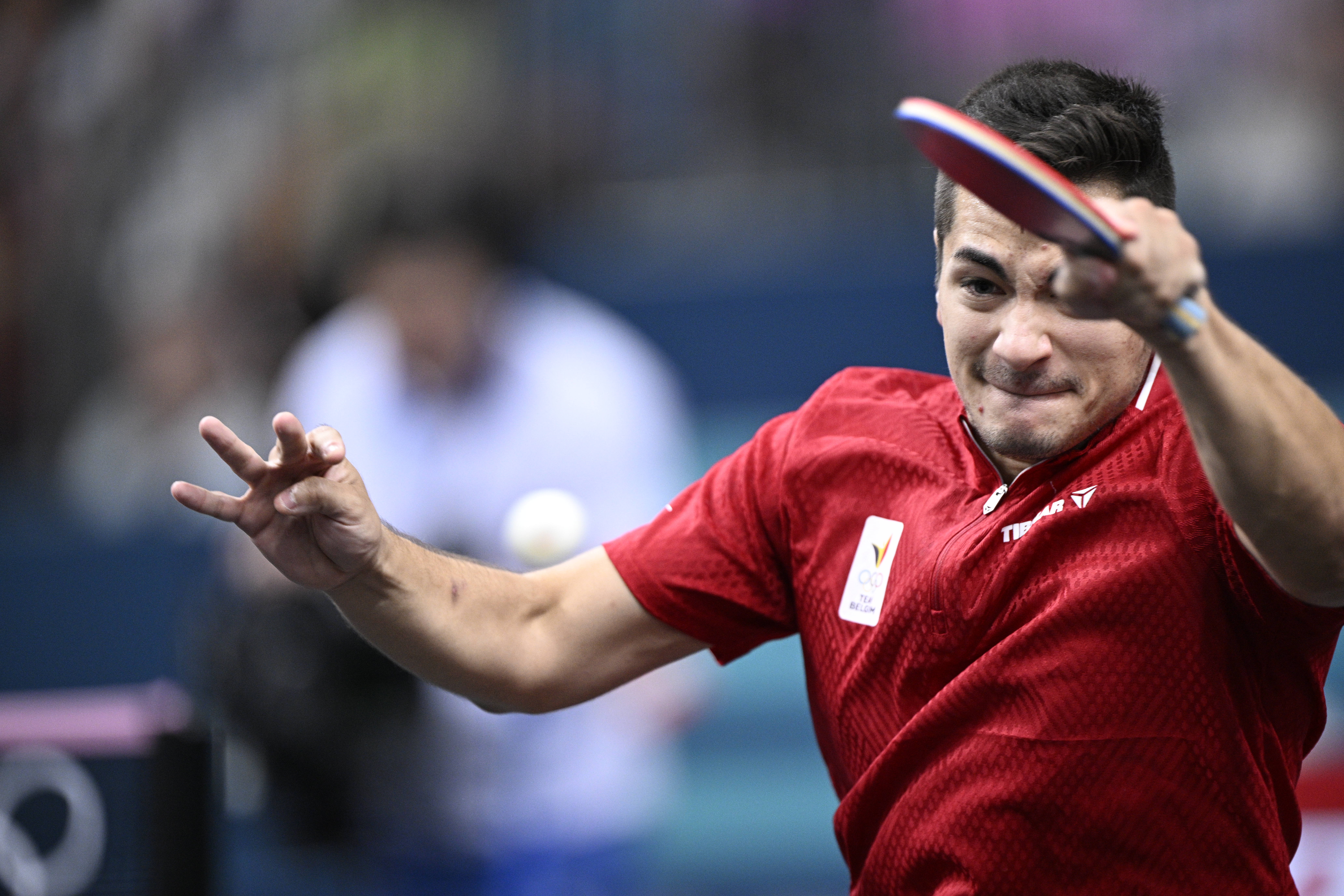 Belgian Martin Allegro pictured in action during a table tennis match against Japanese Harimoto, in the round of 64 of the men's singles tournament at the Paris 2024 Olympic Games, on Monday 29 July 2024 in Paris, France. The Games of the XXXIII Olympiad are taking place in Paris from 26 July to 11 August. The Belgian delegation counts 165 athletes competing in 21 sports. BELGA PHOTO JASPER JACOBS