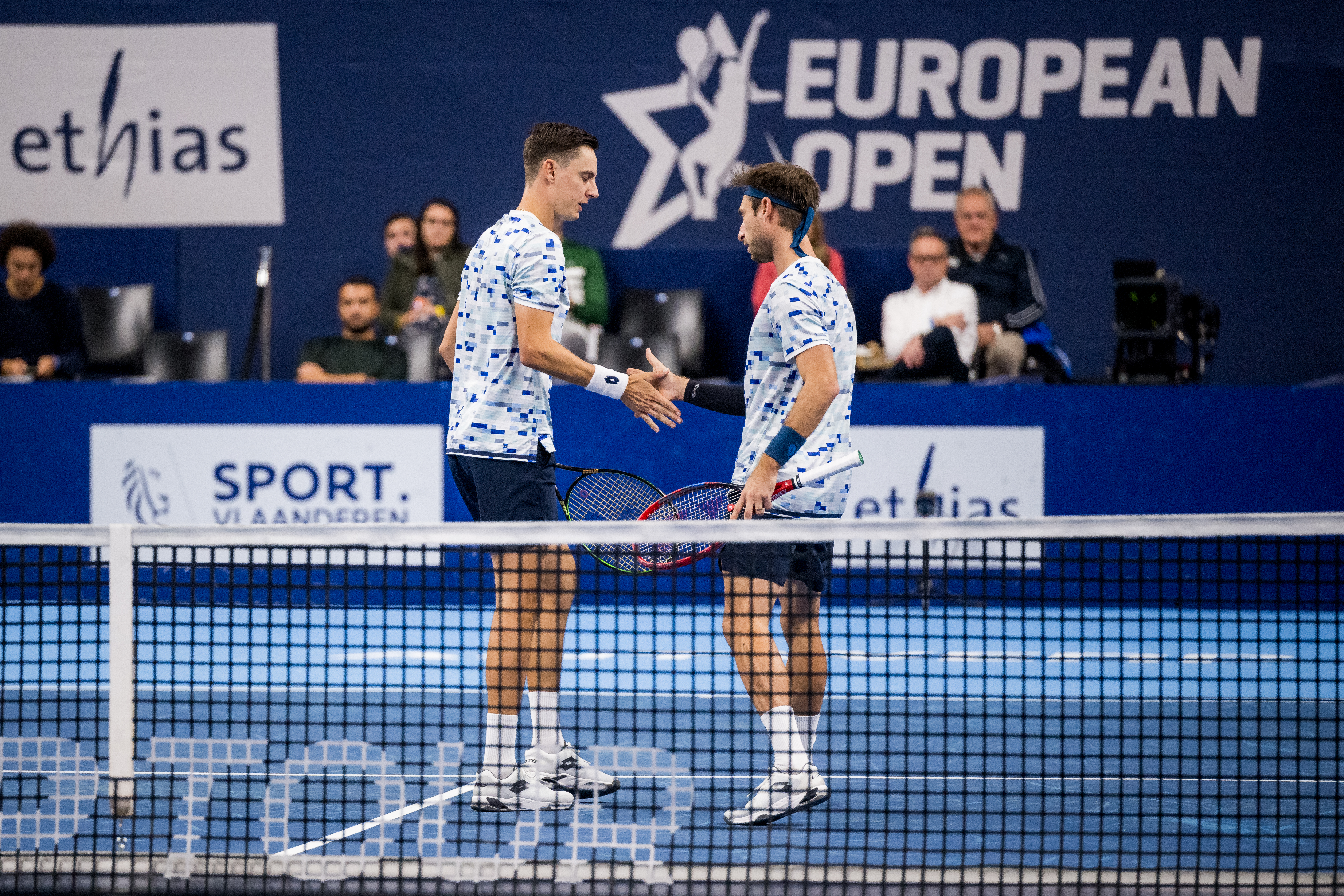 Belgian Joran Vliegen and Belgian Sander Gille pictured in action during a tennis match in the round of 16 of the doubles competition at the ATP European Open Tennis tournament in Antwerp, Tuesday 15 October 2024. BELGA PHOTO JASPER JACOBS
