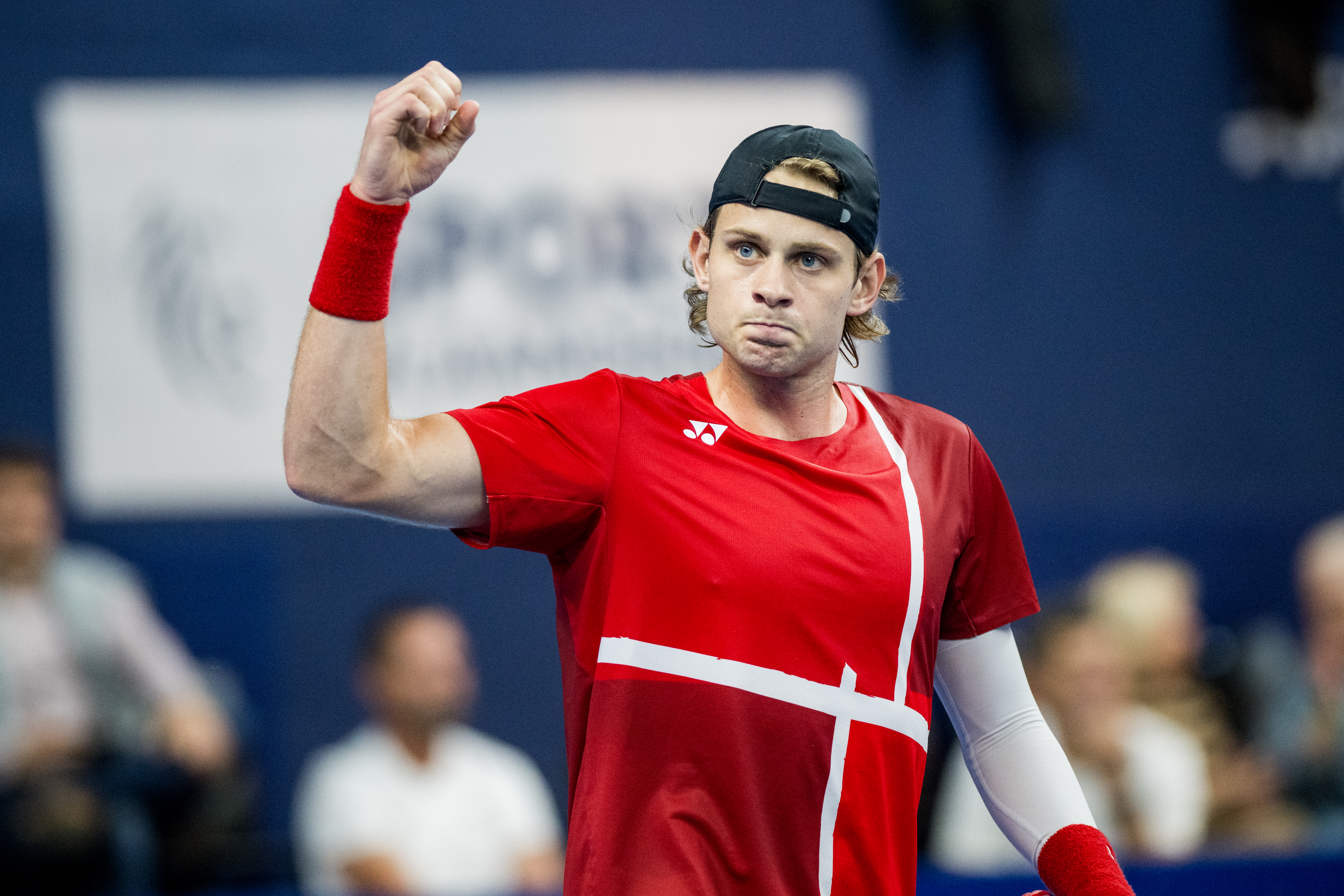 Belgian Zizou Bergs celebrates during a tennis match in the round of 16 of the singles competition at the ATP European Open Tennis tournament in Antwerp, Thursday 17 October 2024. BELGA PHOTO JASPER JACOBS