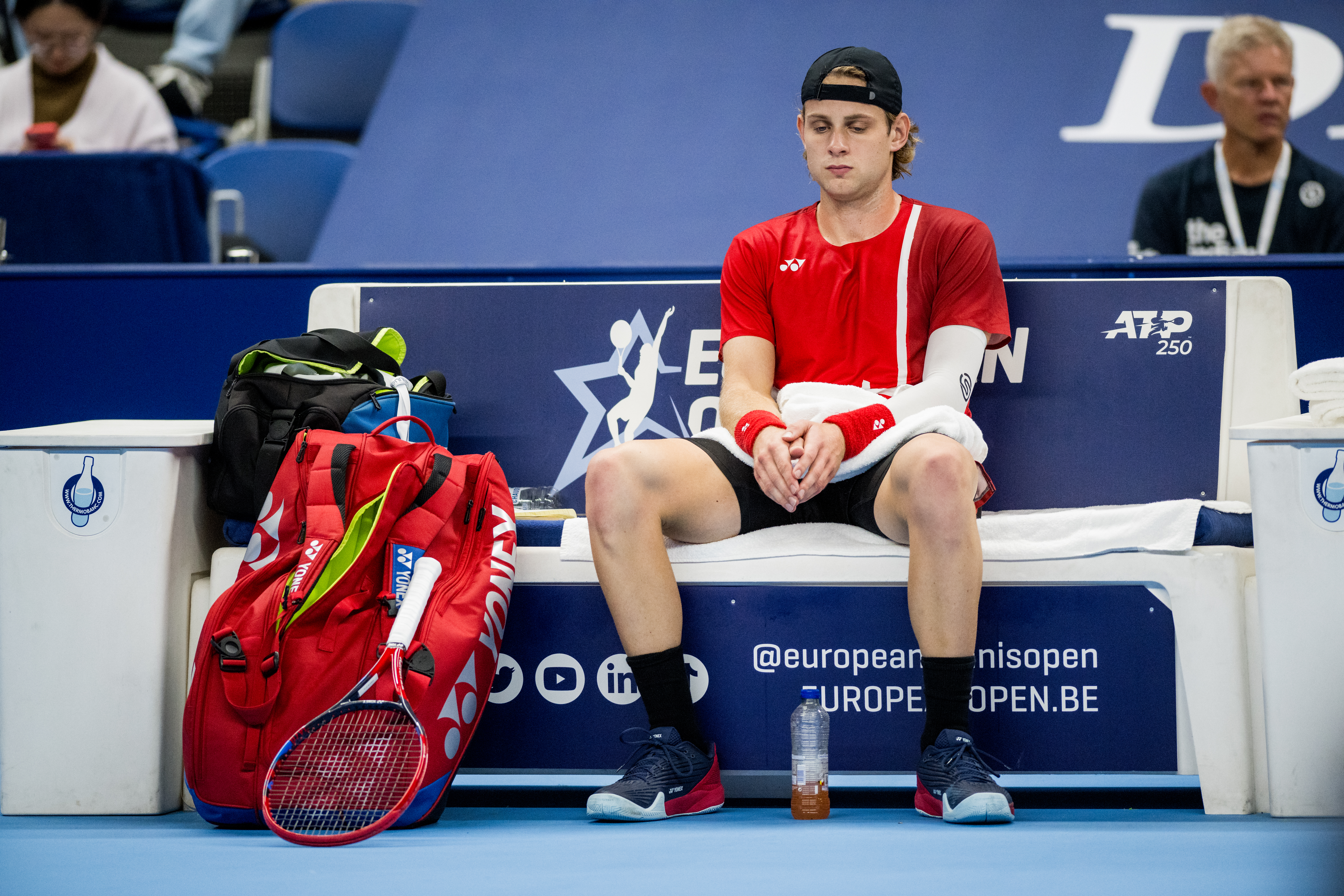 Belgian Zizou Bergs pictured in action during a tennis match in the round of 16 of the singles competition at the ATP European Open Tennis tournament in Antwerp, Thursday 17 October 2024. BELGA PHOTO JASPER JACOBS