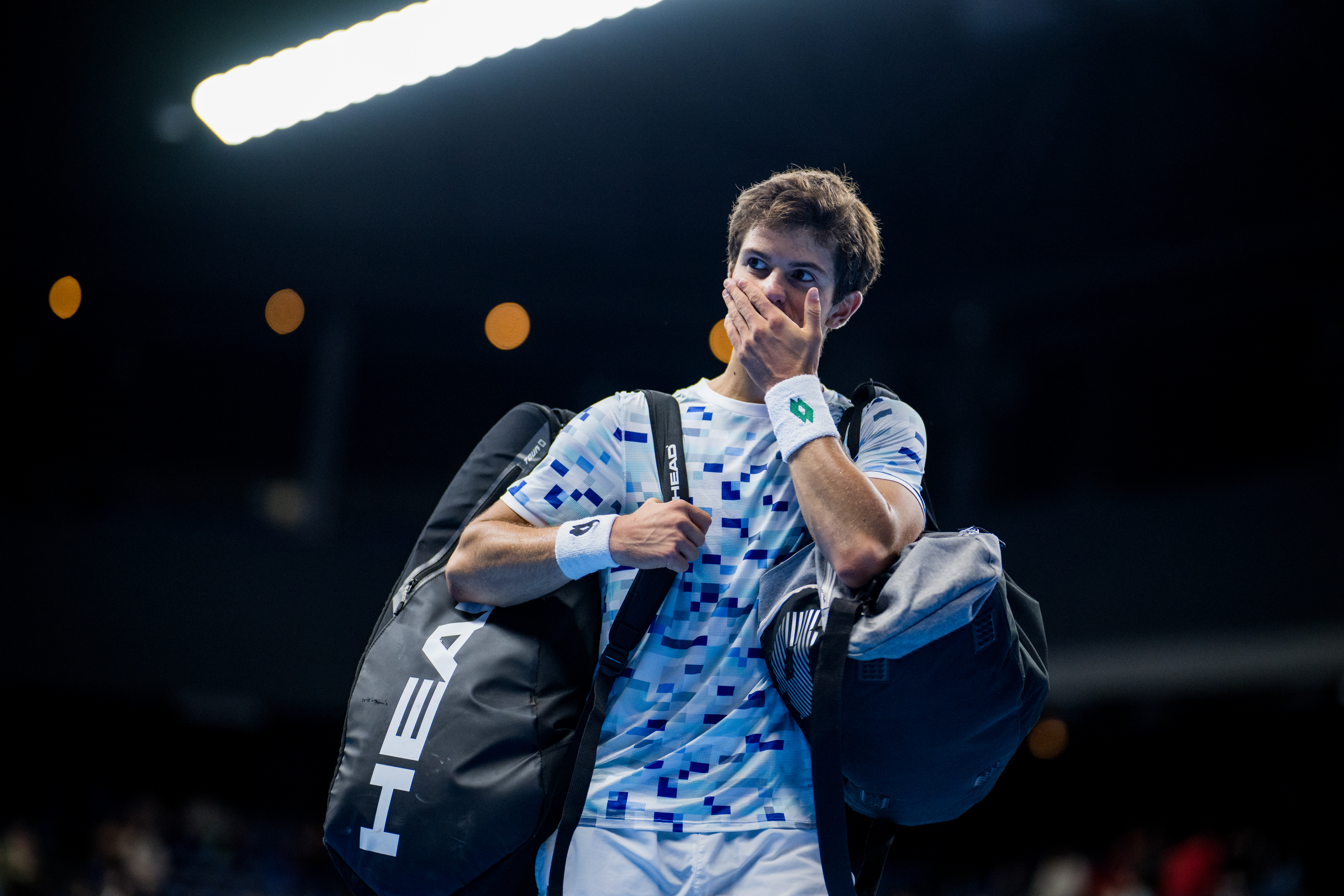 Belgian Gilles-Arnaud Bailly pictured after a tennis match in the qualification phase for the ATP European Open Tennis tournament in Antwerp, Monday 14 October 2024. BELGA PHOTO JASPER JACOBS