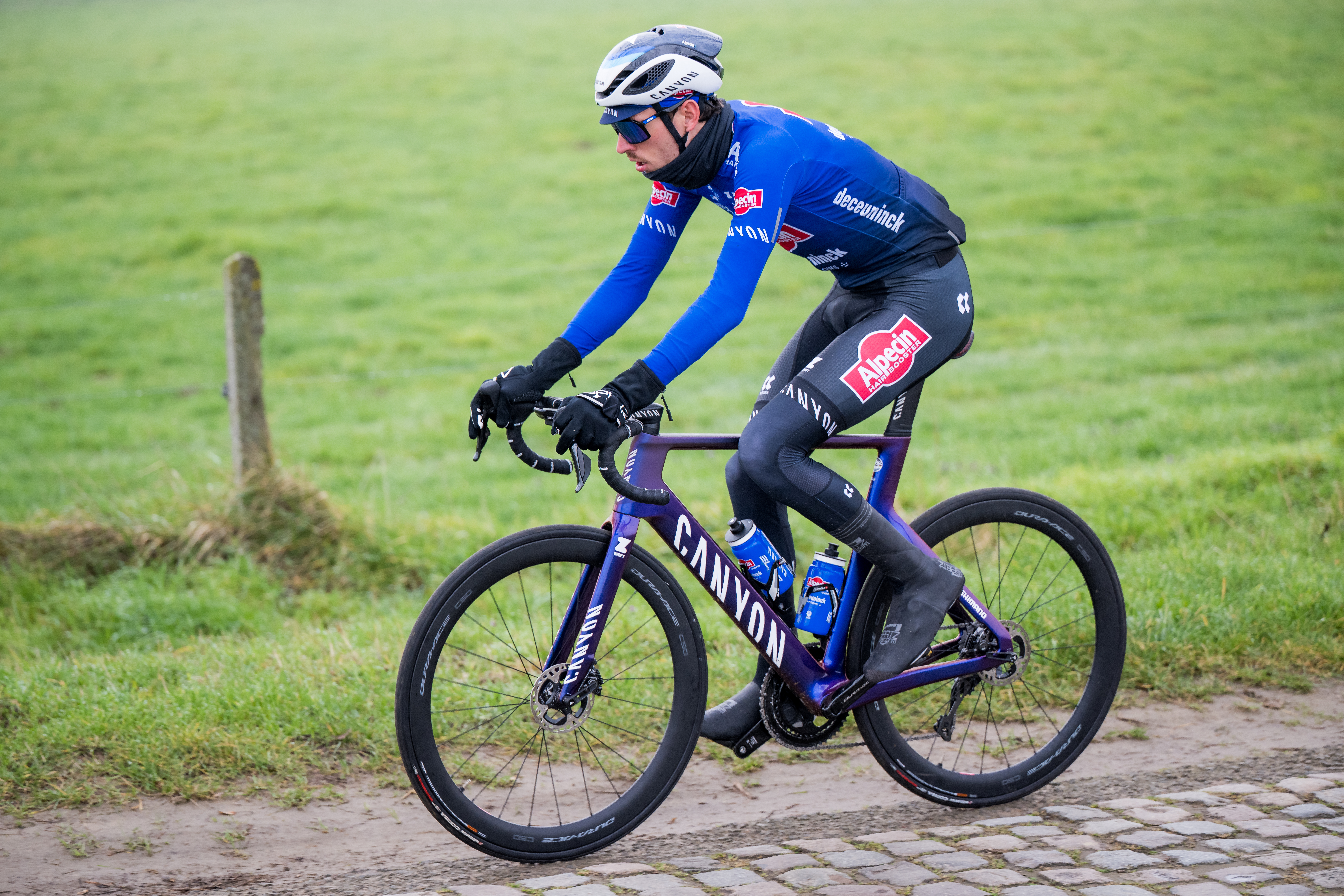 Austrian Michael Gogl of Alpecin-Deceuninck pictured in action during the reconnaissance of the track of this weekend's one-day cycling race Omloop Het Nieuwsblad, Thursday 23 February 2023. BELGA PHOTO JASPER JACOBS