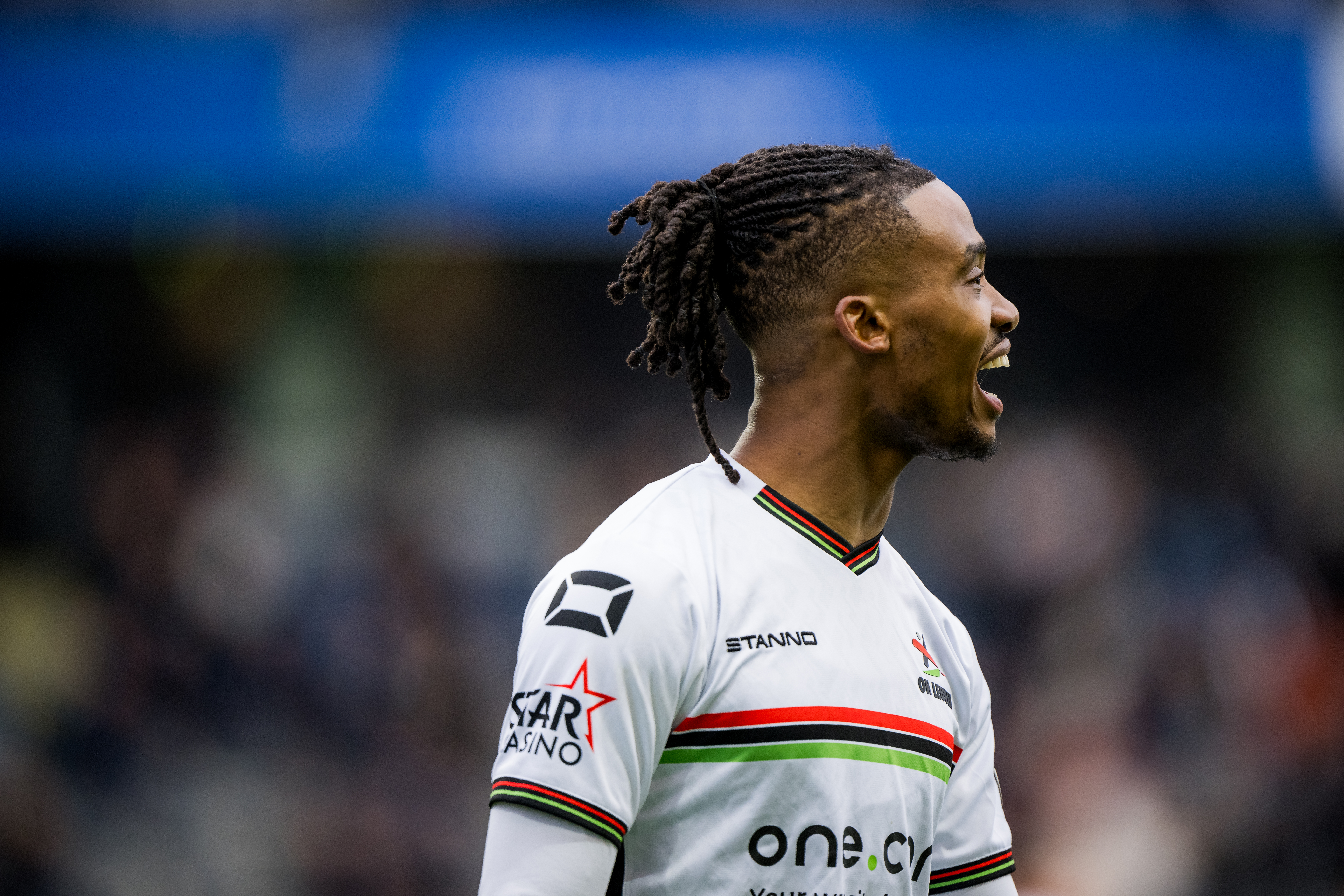 OHL's William Balikwisha reacts during a soccer match between Oud-Heverlee Leuven and FCV Dender, Saturday 15 February 2025 in Heverlee, on day 26 of the 2024-2025 season of the 'Jupiler Pro League' first division of the Belgian championship. BELGA PHOTO JASPER JACOBS