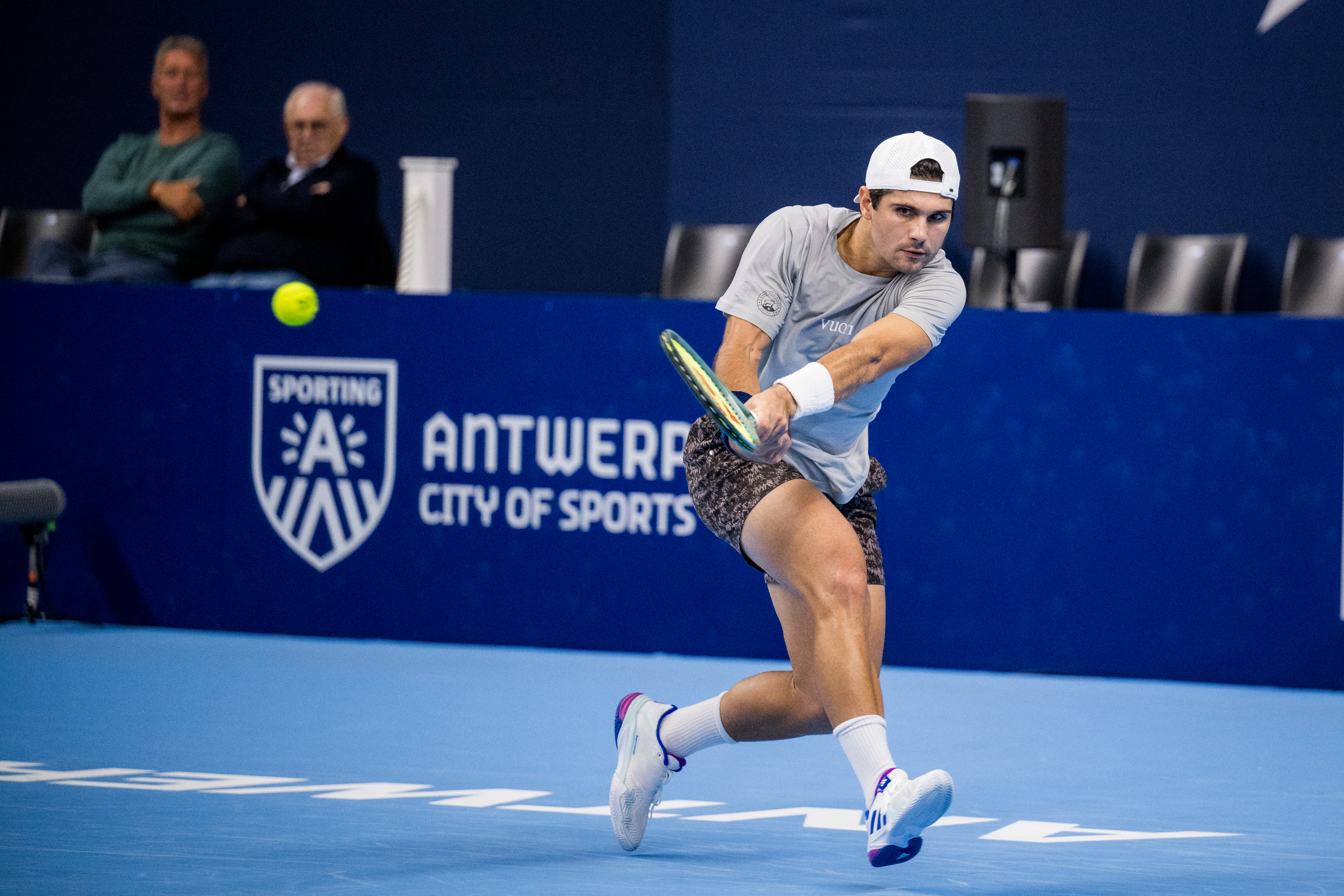 US Marcos Giron pictured in action during a tennis match in the round of 32 of the singles competition at the ATP European Open Tennis tournament in Antwerp, Tuesday 15 October 2024. BELGA PHOTO JASPER JACOBS